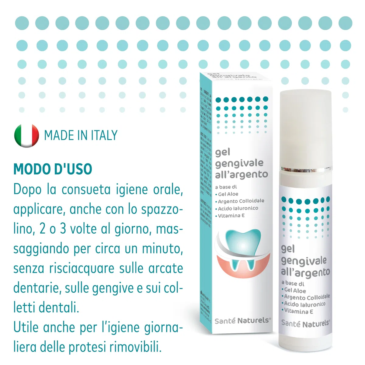 Gel gingival 50 ml ● Gel para la dentición con Plata Coloidal Verdadera, Ácido Hialurónico, Aloe y Vitamina E ● Tratamiento para encías inflamadas y retraídas