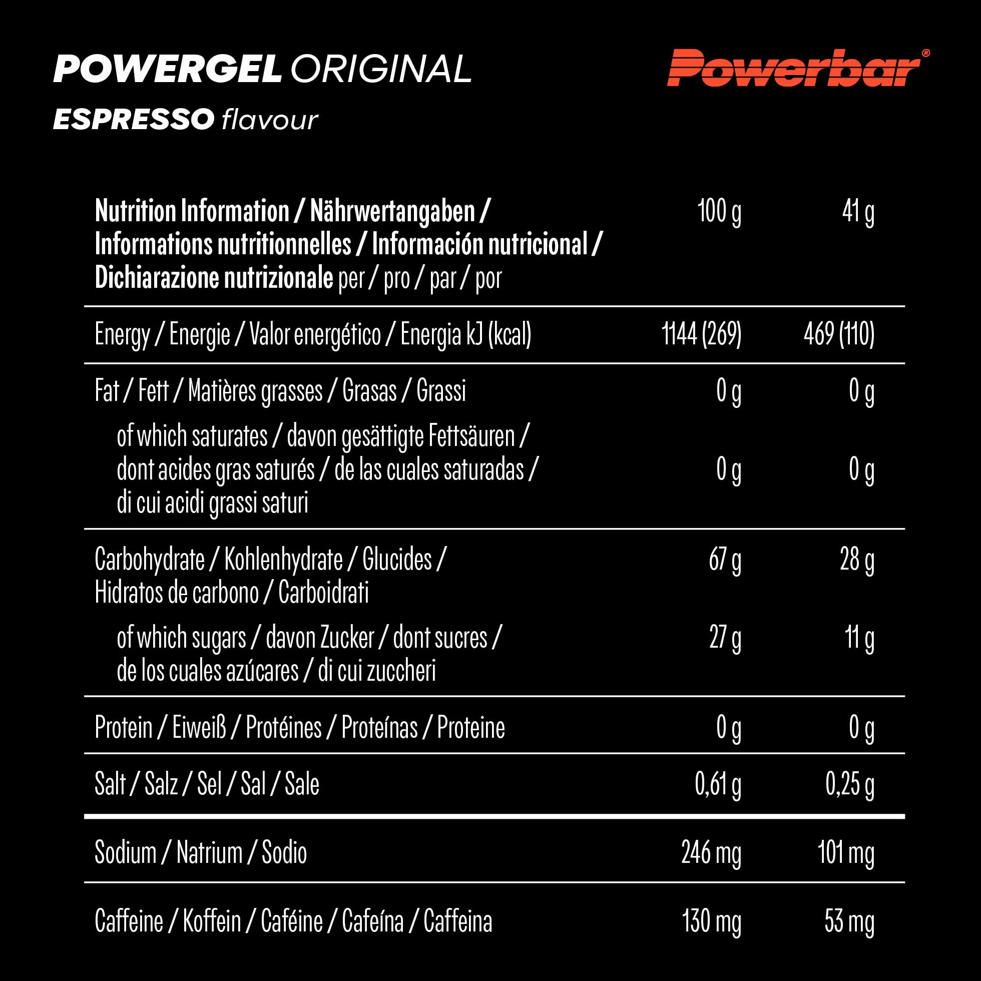 Powerbar PowerGel Original Espresso 24x41g High Carb Energy Gel Magnesio Sodio 53mg Cafeína