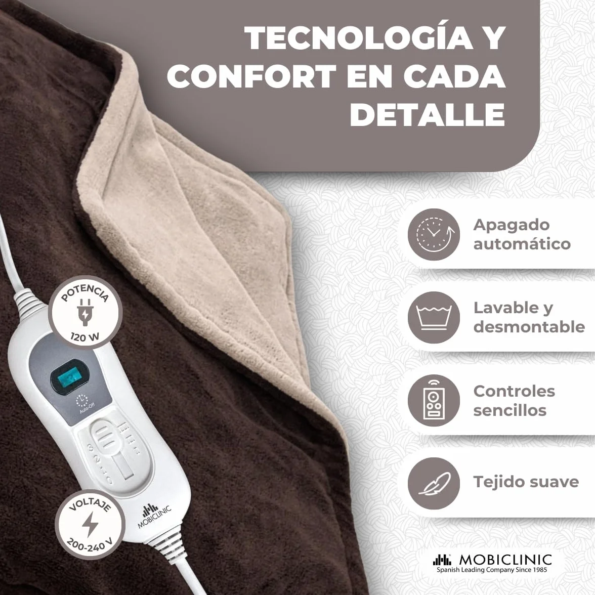 Mobiclinic Manta eléctrica 160x120 cm 100W Temperatura regulable Apagado automático Lavable 3 ajustes de calor
