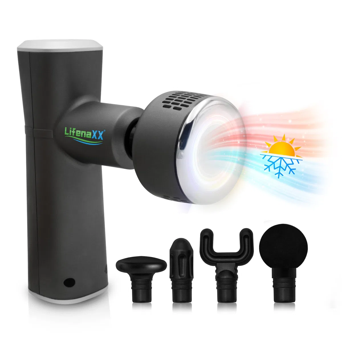 Pistola de masaje de tejido profundo Lifenaxx LX-041, 3 niveles de calentamiento y enfriamiento, 5 cabezales, 4 niveles masivos, carga USB, 2000 mAh - uso diario y después del deporte