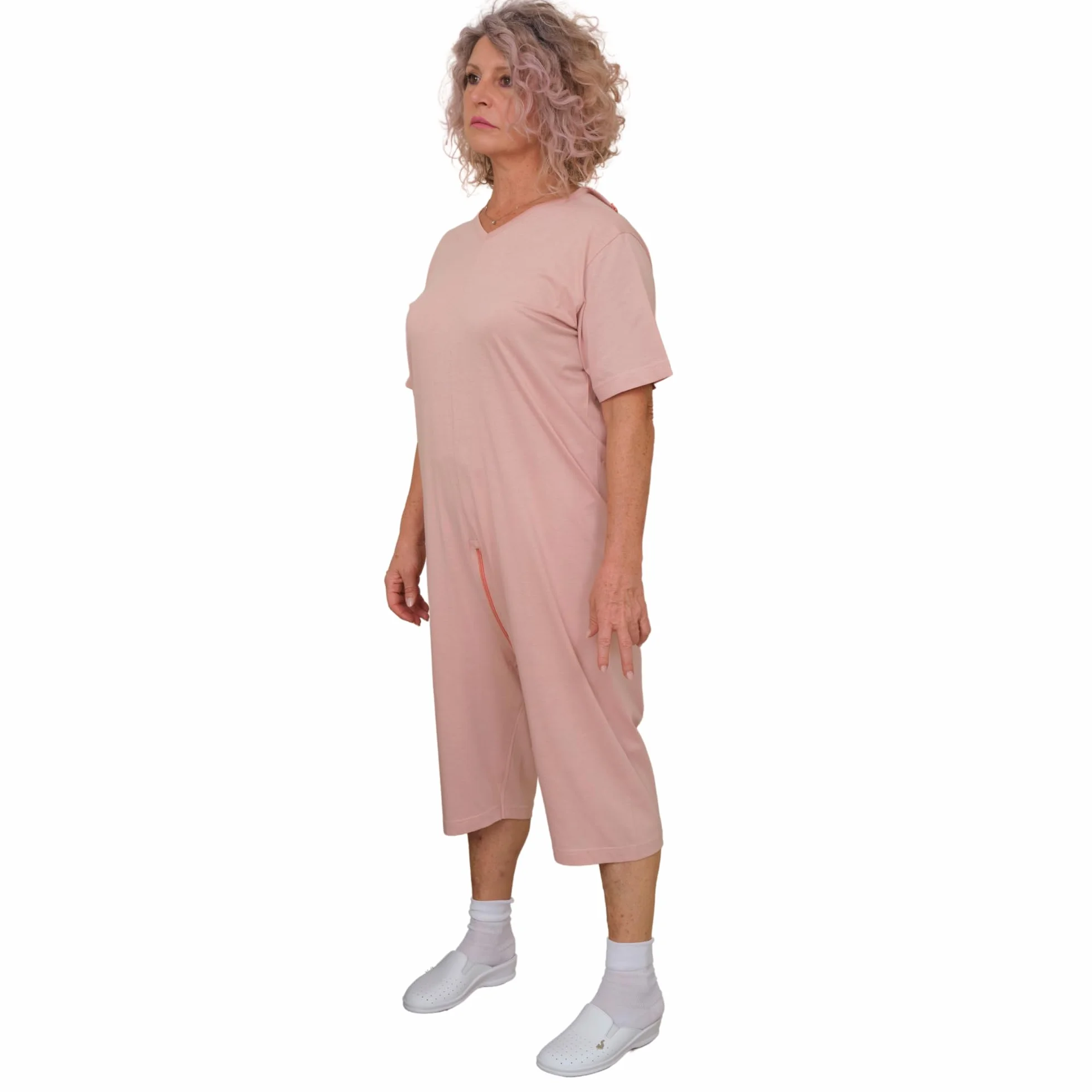 FERRUCCI COMFORT Pijama de tutón sanitario para mujer para personas mayores - 9078 MC PC - Manga Corta y Pantalón Corto para Alzheimer e Incontinencia