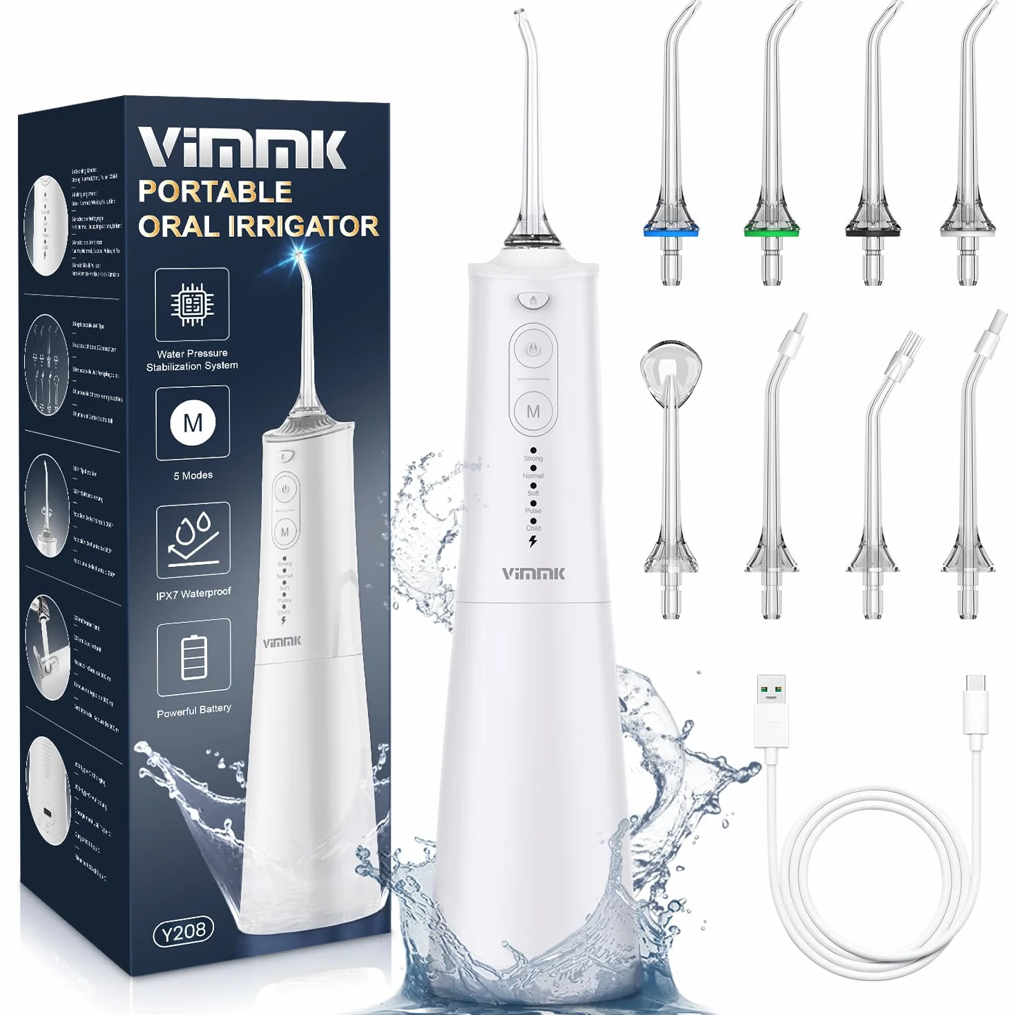 Vimmk Irrigador Bucal Portatil Inalámbrico Dental 8 Boquillas 5 Modos IPX7 Impermeable 300ML USB-C Recargable Blanco