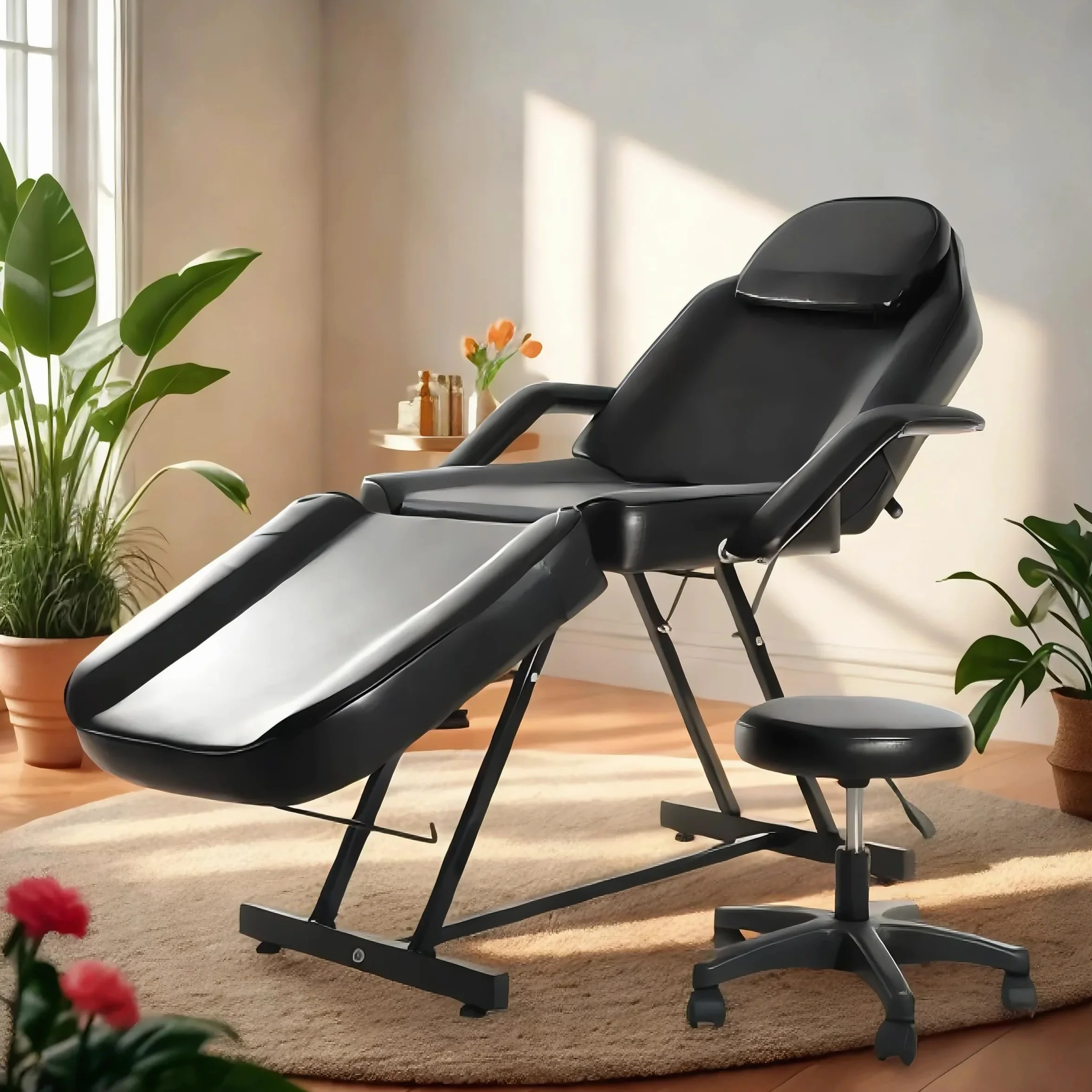 Camilla de Masaje Ajustable Plegable de Cuero PU con Taburete Negro