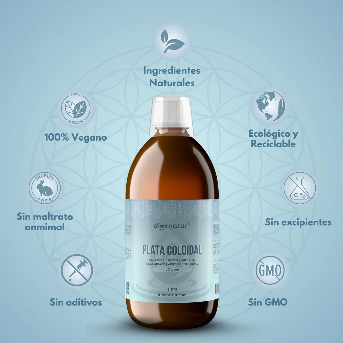Plata Coloidal 1 L - 20 ppm - 99,99% Pureza - Solución Líquida con Agua Bidestilada - Botella Vidrio Ámbar con Spray y Vasito Medidor