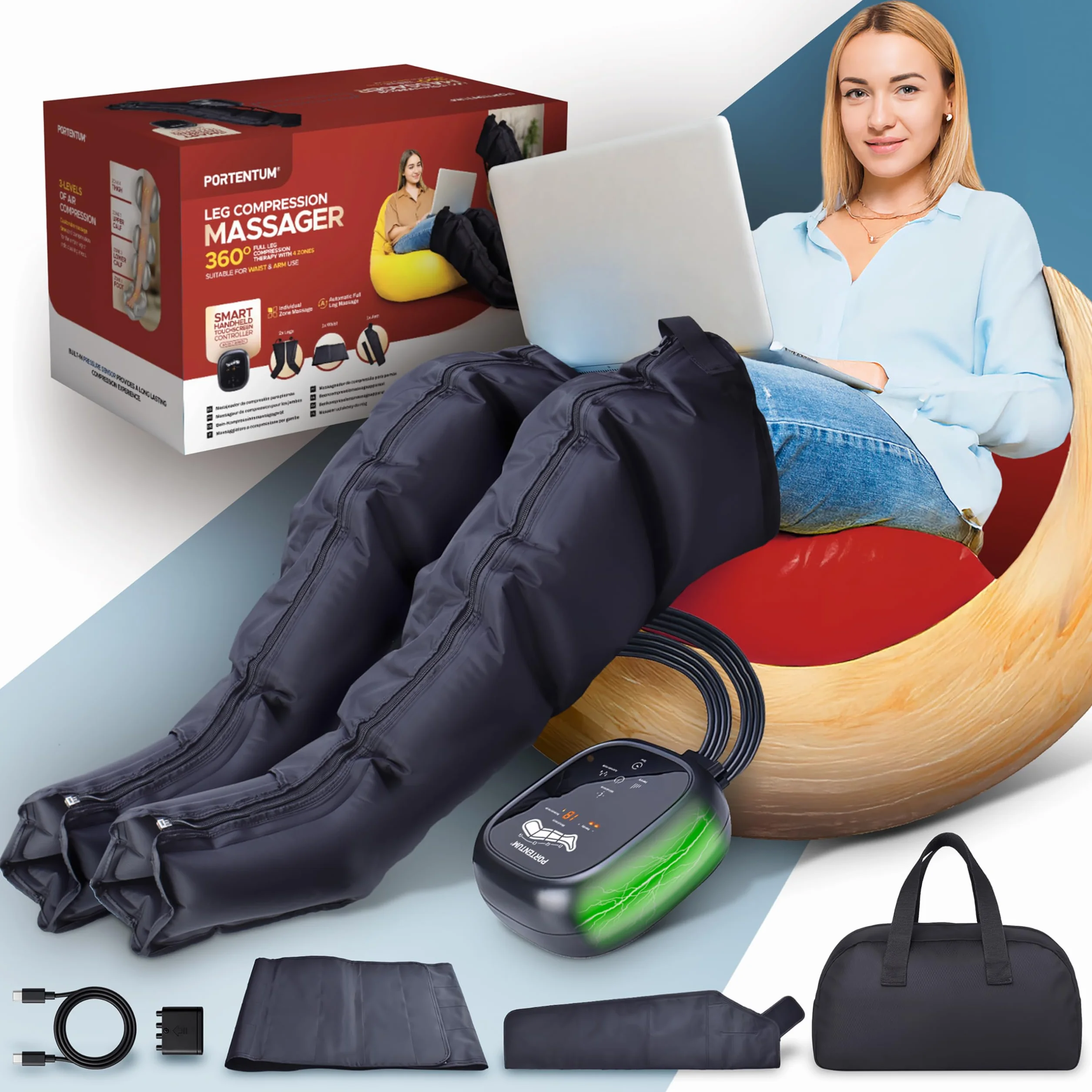 PORTENTUM Presoterapia Masajeador Piernas Abdomen 8 Modos 3 Intensidades Mando LCD USB-C Accesorios Brazo Cintura Bolsa Transporte