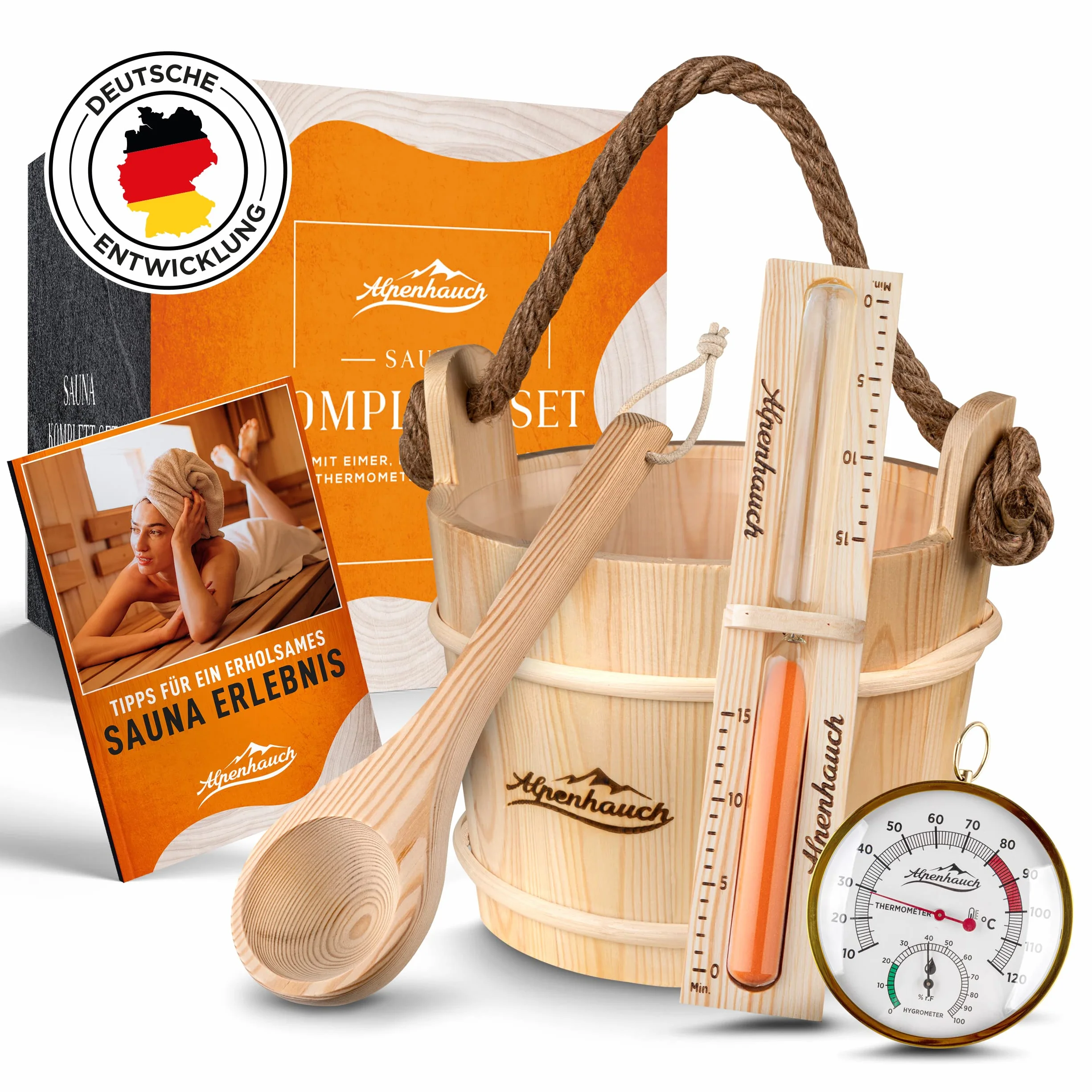 ALPENHAUCH Cubo de sauna con paleta [100% madera natural] – Elegante juego de cubo para sauna con reloj de arena y termómetro para sauna – Accesorios duraderos para sauna – Juego de cubo de infusión