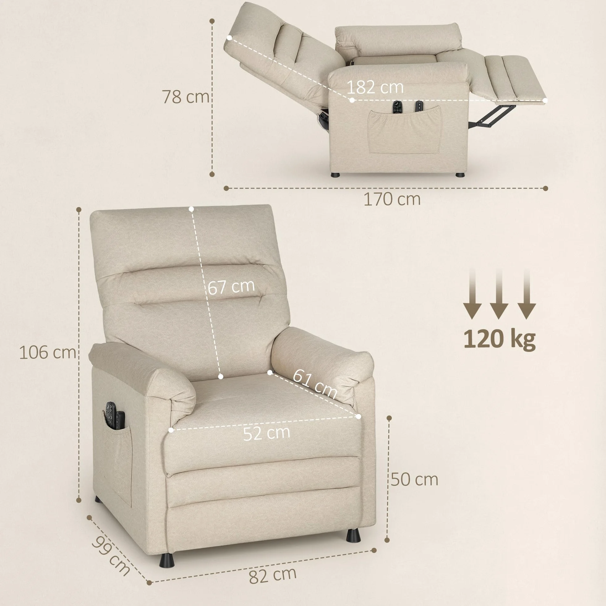 HOMCOM Sillón Relax Reclinable Eléctrico con Calor Lumbar y Masaje Vibración, Beige