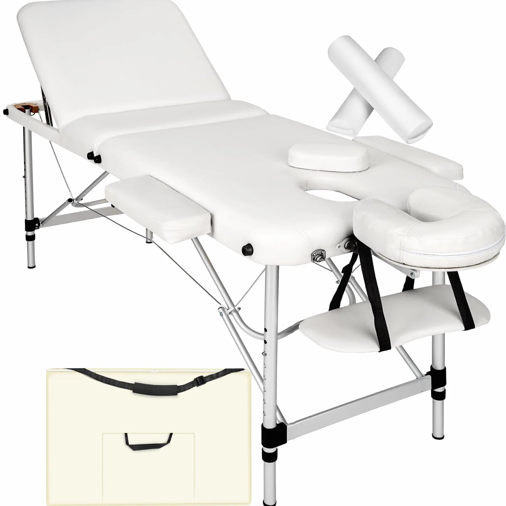Tectake Camilla de Masaje Plegable de Aluminio, Altura Ajustable, 3 Zonas, con Bolsa de Transporte - Blanco