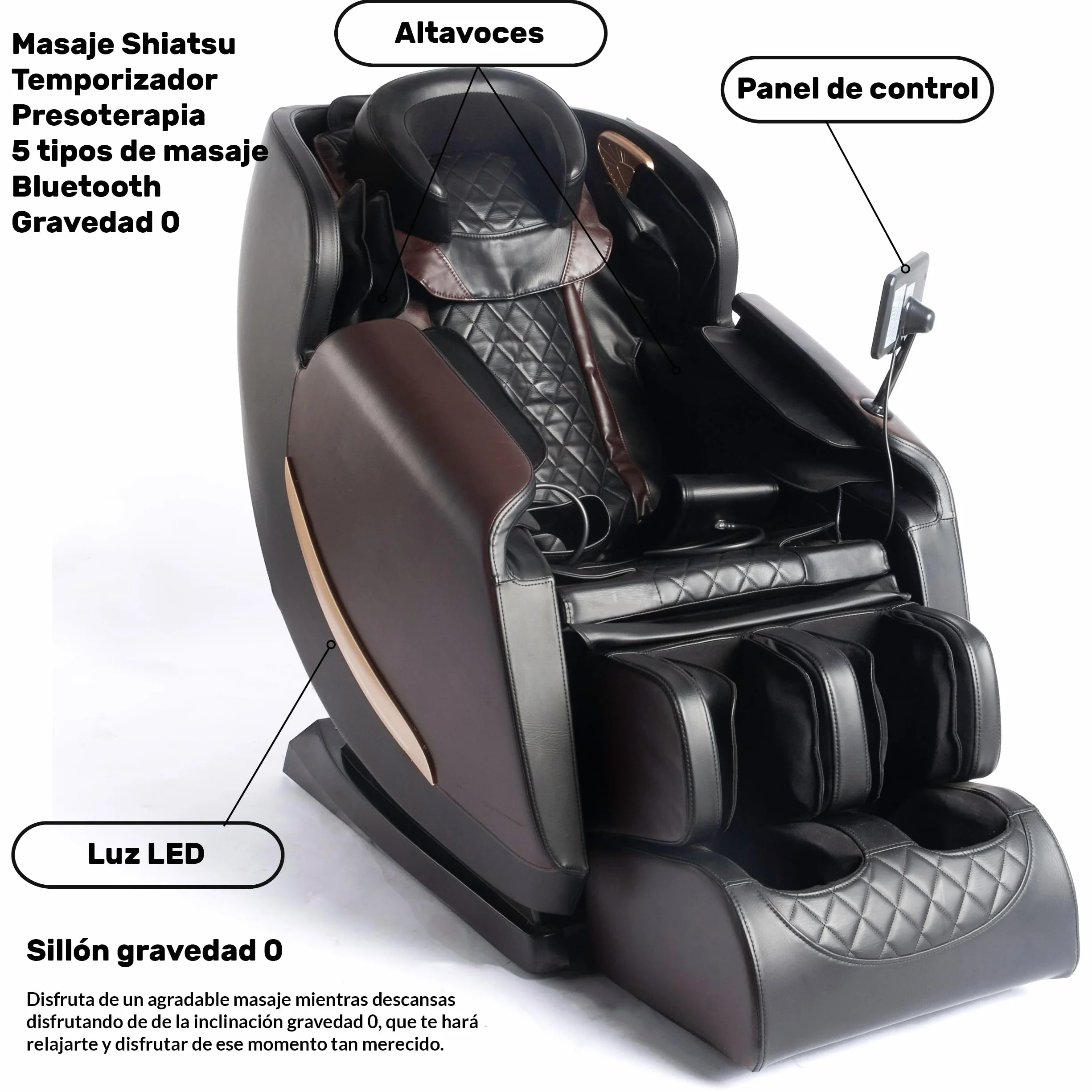 Sillón de Masaje Eléctrico Gravedad Cero 3 Niveles Bluetooth Música Presoterapia Calor Control Digital Reclinable Polipiel Metal