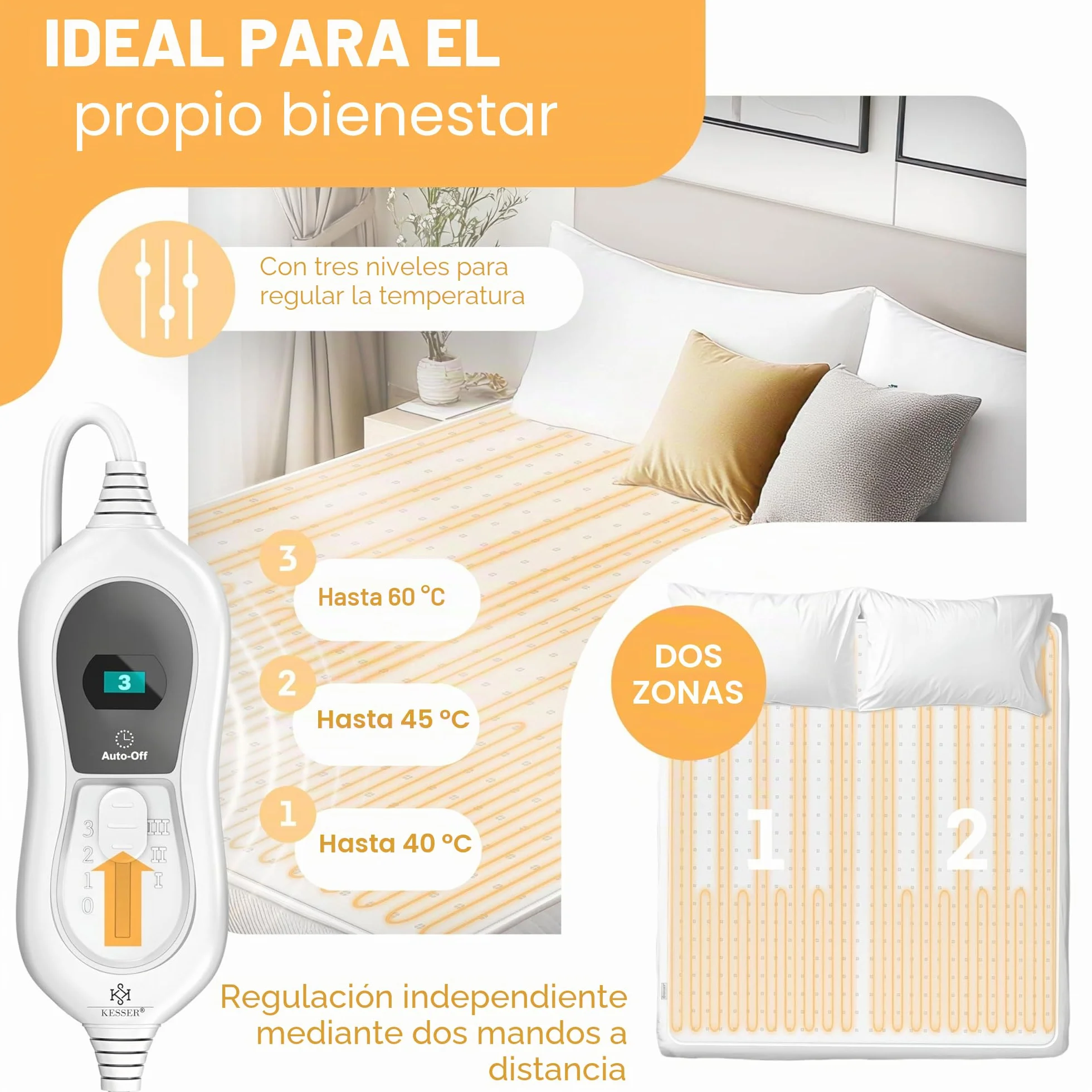 KESSER® Manta térmica doble para debajo de la cama de 160 x 140 cm con apagado automático, 2 zonas de temperatura, control remoto, manta eléctrica con 3 niveles de temperatura, base térmica para cama