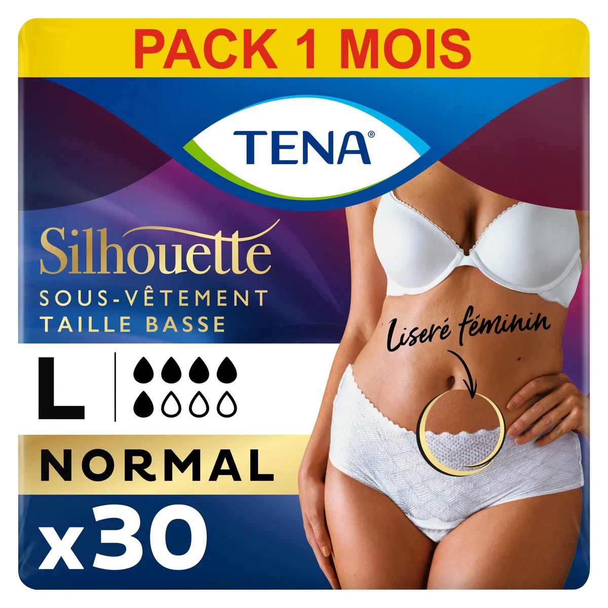 Tena Silhouette Braguitas desechables de cintura baja, absorbentes, elásticas, para mujeres, talla L, 6 Paquetes x 5 piezas