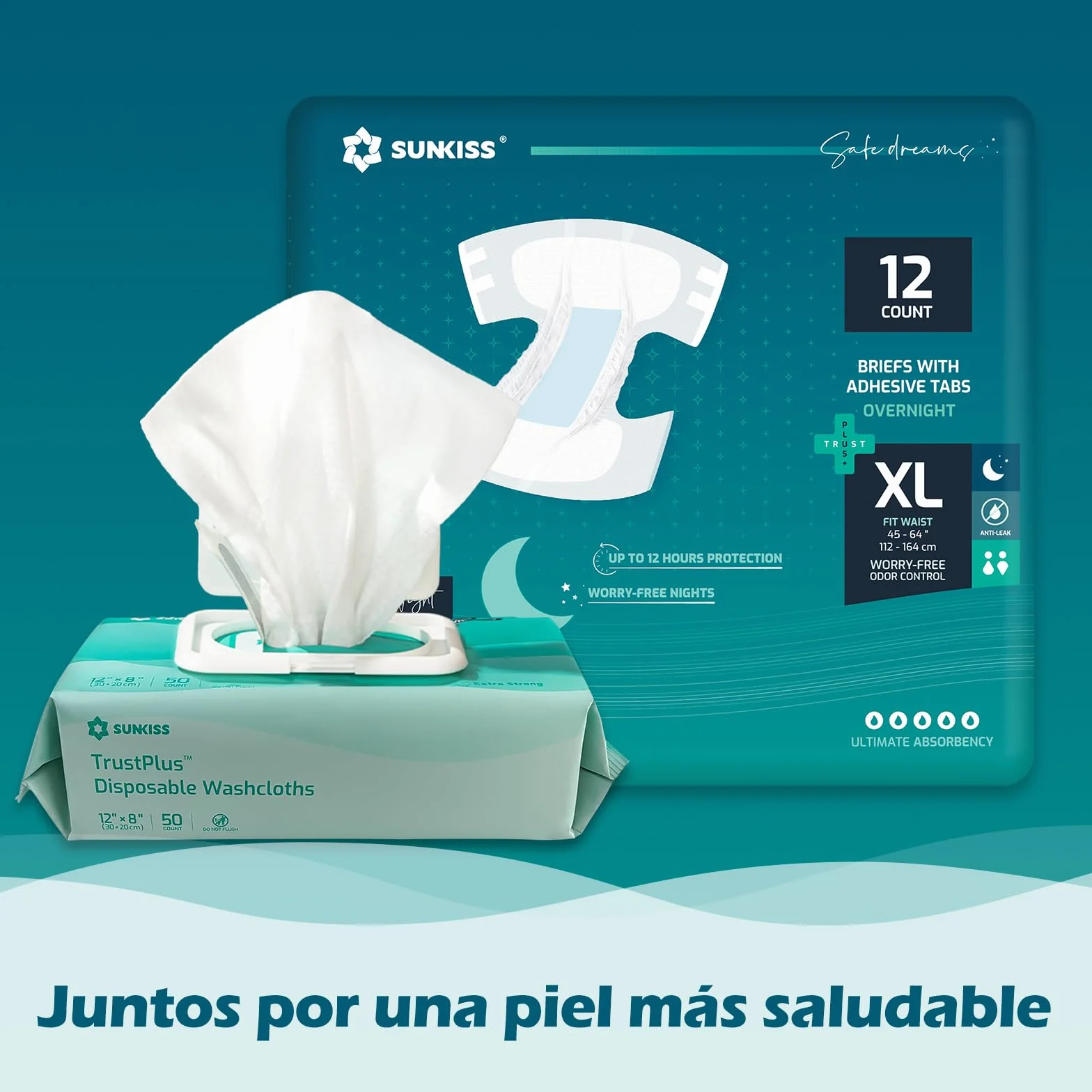 SUNKISS TrustPlus Pañales para Adultos Durante la Noche con Máxima Absorción, Bragas Absorbentes Unisex para Incontinencia, Mujeres y Hombres, Control de Olores, Talla XL, 12 Unidades