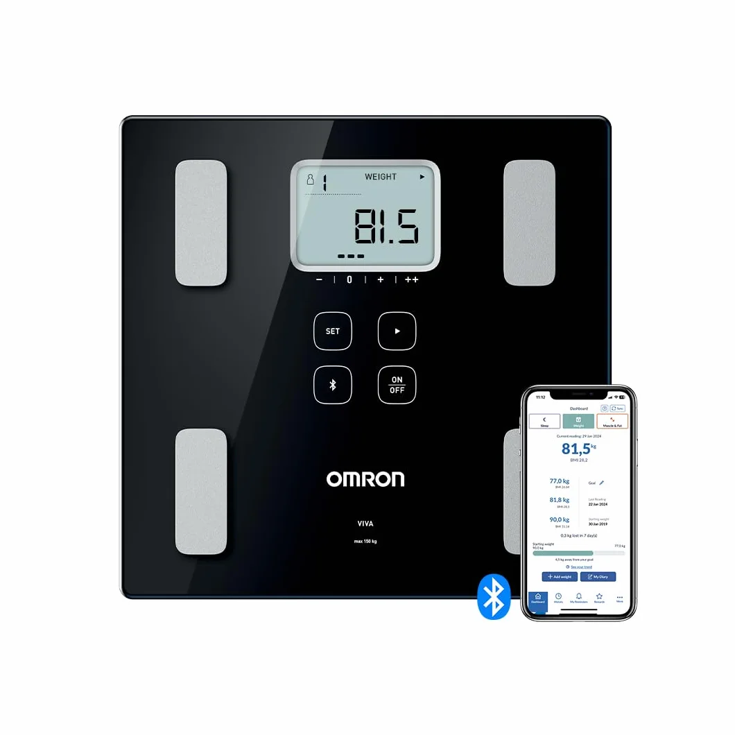 OMRON VIVA - Báscula inteligente y monitor de composición corporal con medición de peso, grasa corporal, grasa visceral, músculo esquelético, metabolismo basal e IMC