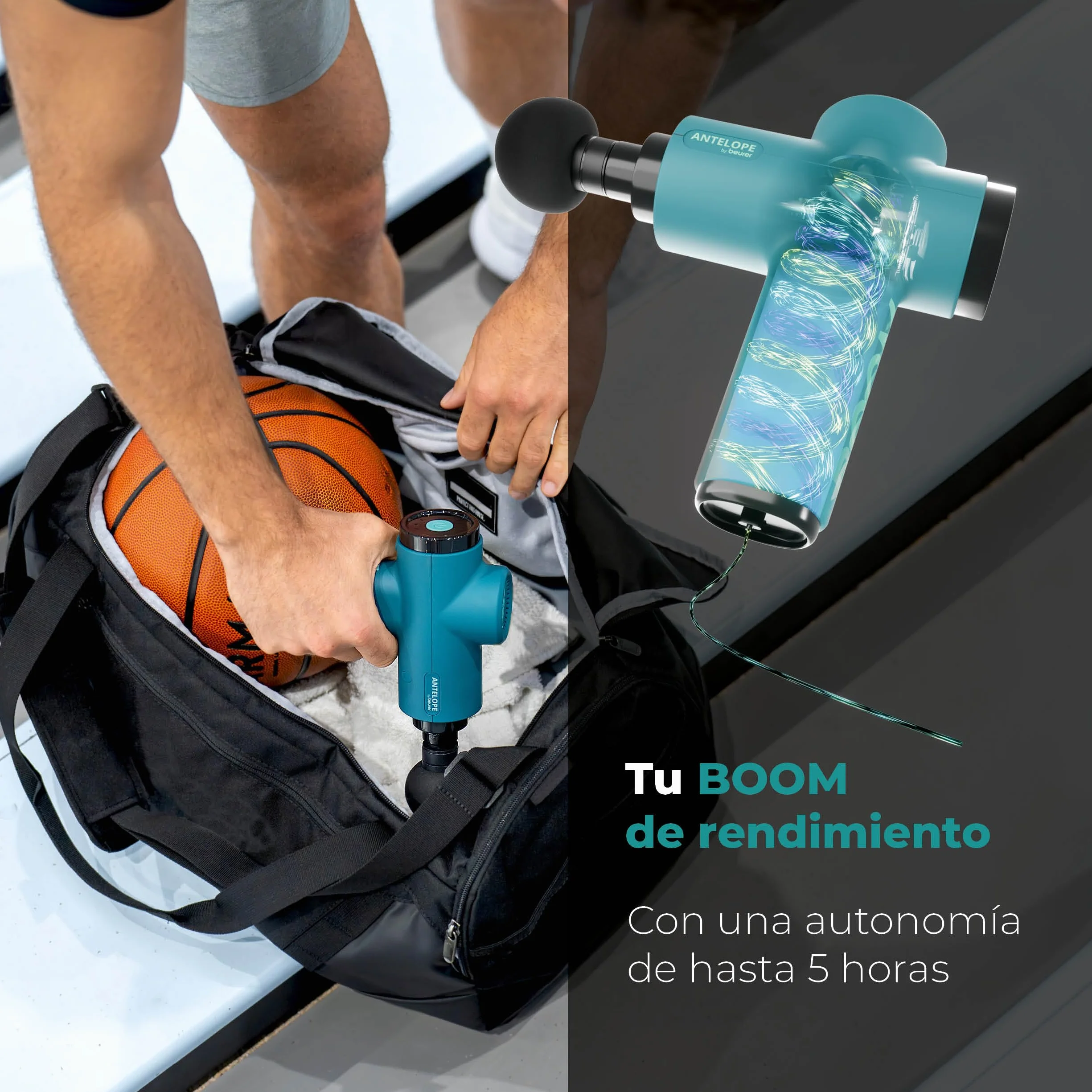 Beurer BOOM Pistola de masaje muscular, Massage Gun compacta, 4 accesorios, 5 niveles de intensidad, batería