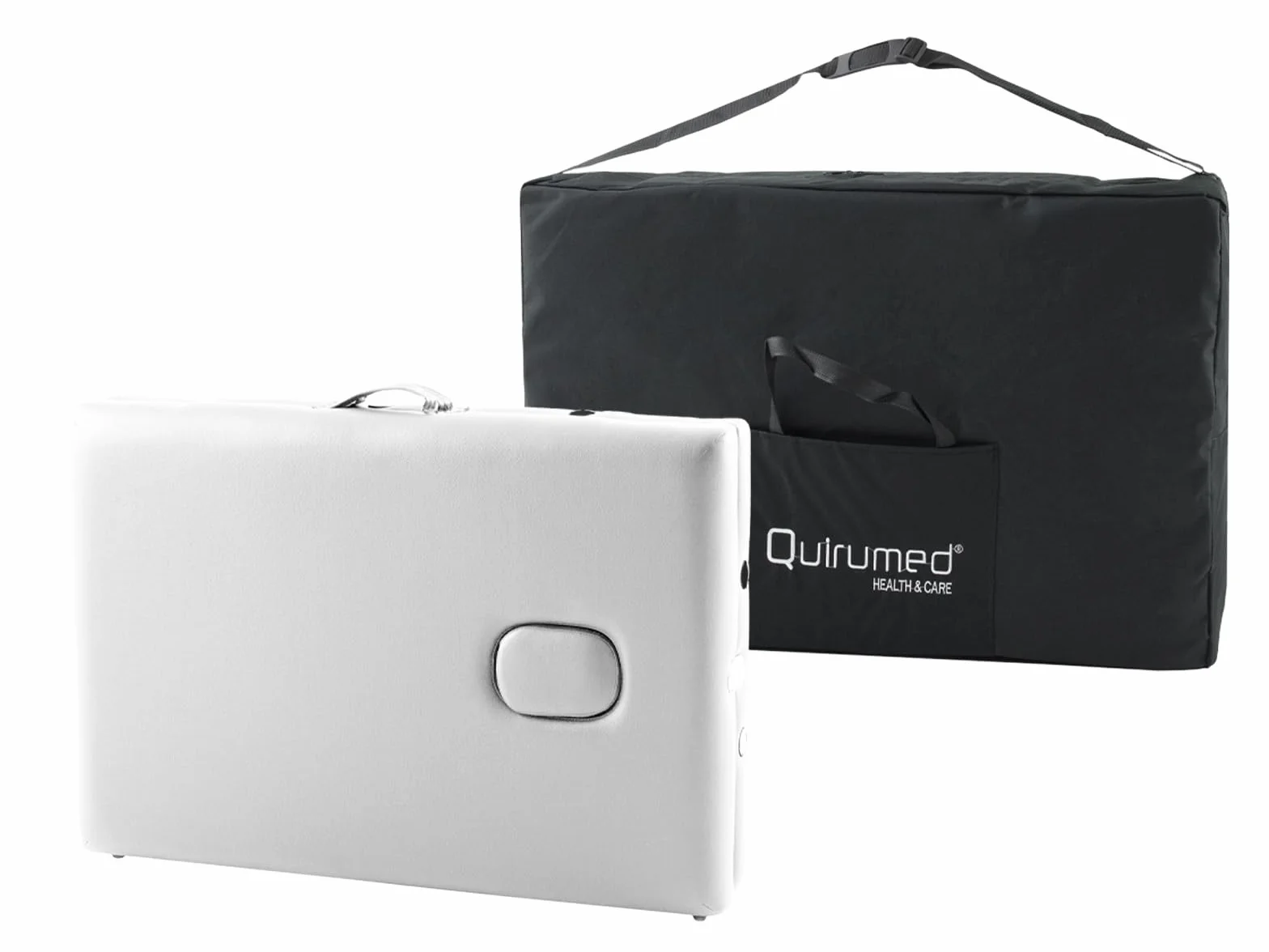 QUIRUMED Camilla de Masaje Plegable de Aluminio Easy, Color Blanco, 180 x 60 cm, Polipiel, Portátil, Ligera Cabezal extraíble, Orificio Facial, Altura Regulable, hasta 120 kg