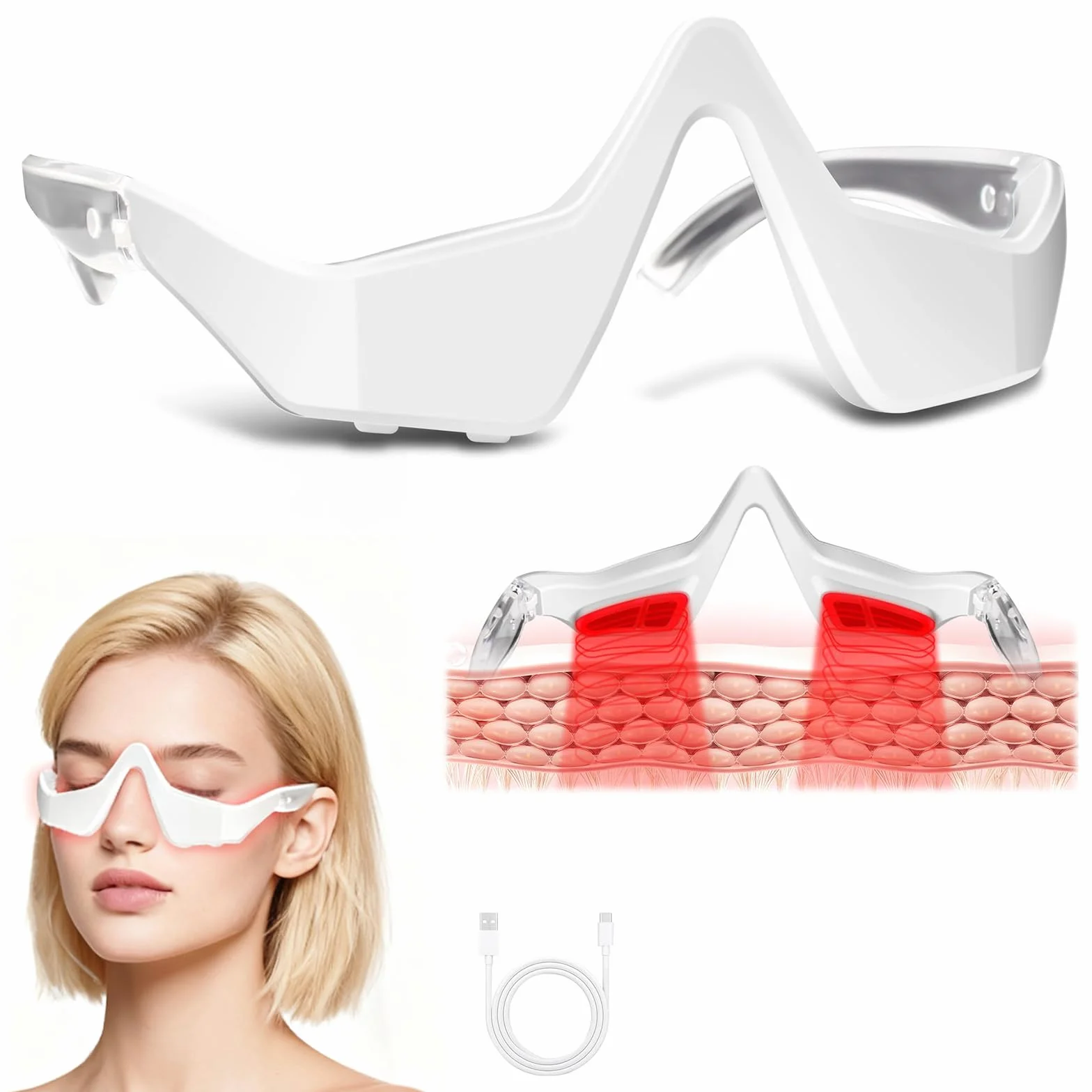 Gafas de Terapia de Luz Roja para Ojos, Dispositivo contra Ojeras, Bolsas & Fatiga, Masajeador Ocular LED Recargable 3 Modos, Regalo de Belleza Portátil para Mujer/Hombre