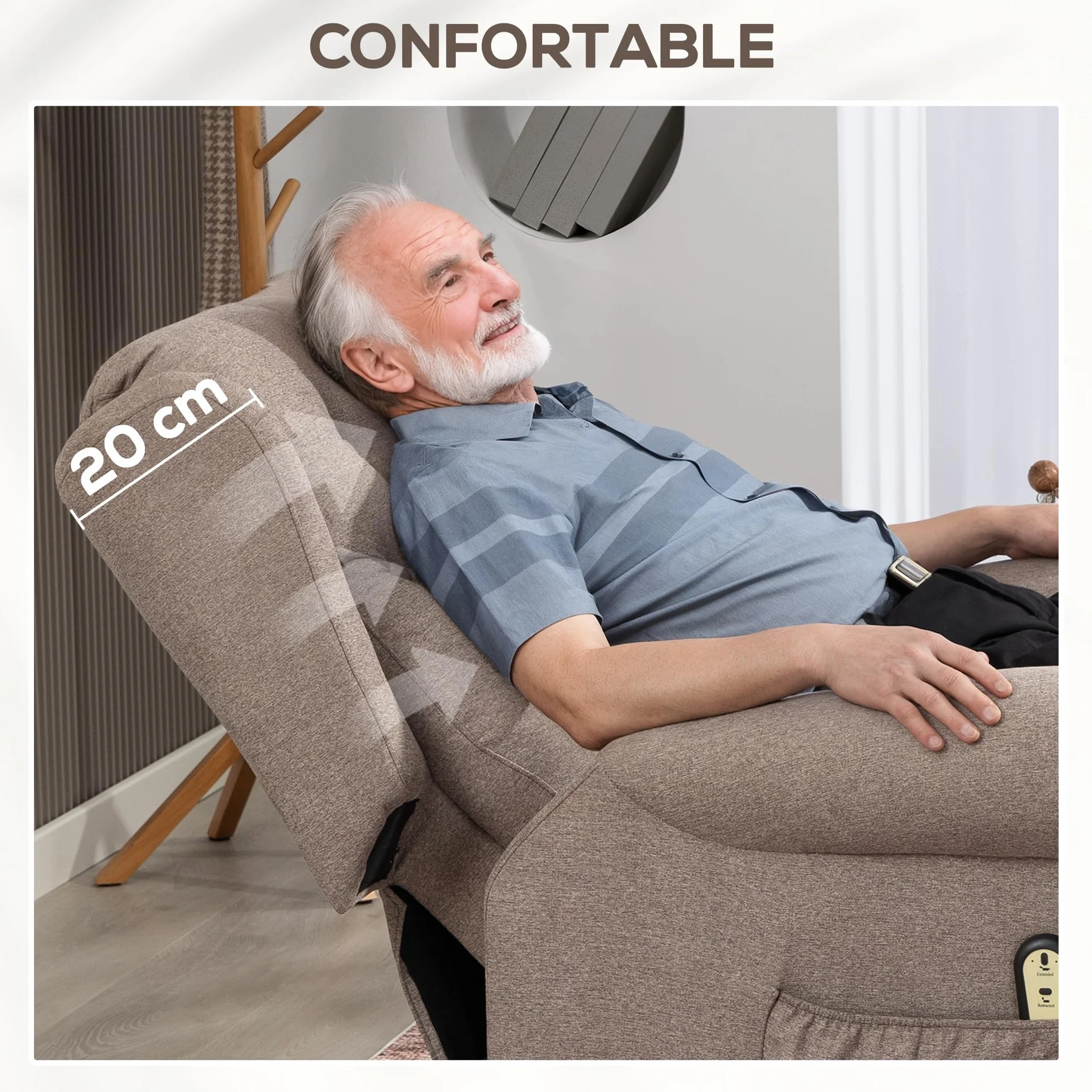 HOMCOM Sillón Relax Reclinable Eléctrico Levanta Personas con Respaldo Alto Capitoné Control Remoto Marrón Claro
