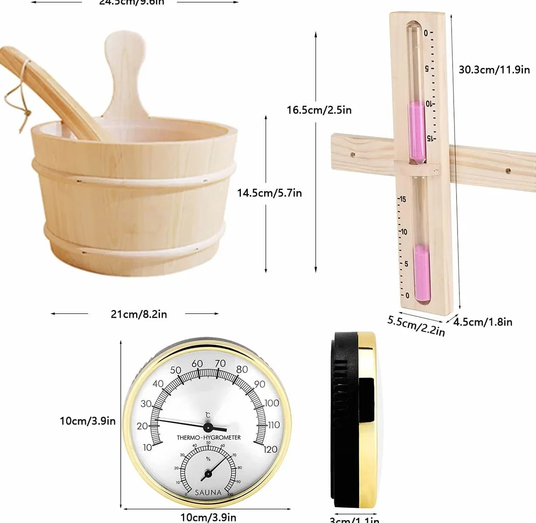 Cubo Sauna, 4 L Juego Completo Sauna Cubo Sauna con Cucharón Madera Pino Finlandés Accesorios Sauna Cubo Sauna Cubo Infusión (Cubo Sauna + Cucharón + Termómetro Higrómetro + Reloj Arena)