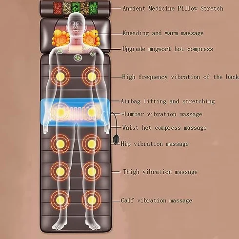 Alfombrilla de masaje con nodos de calor y vibración, alfombrilla de relajación de cuerpo completo con almohadas ajustables y almohadillas térmicas para aliviar los músculos del cuello y la espalda