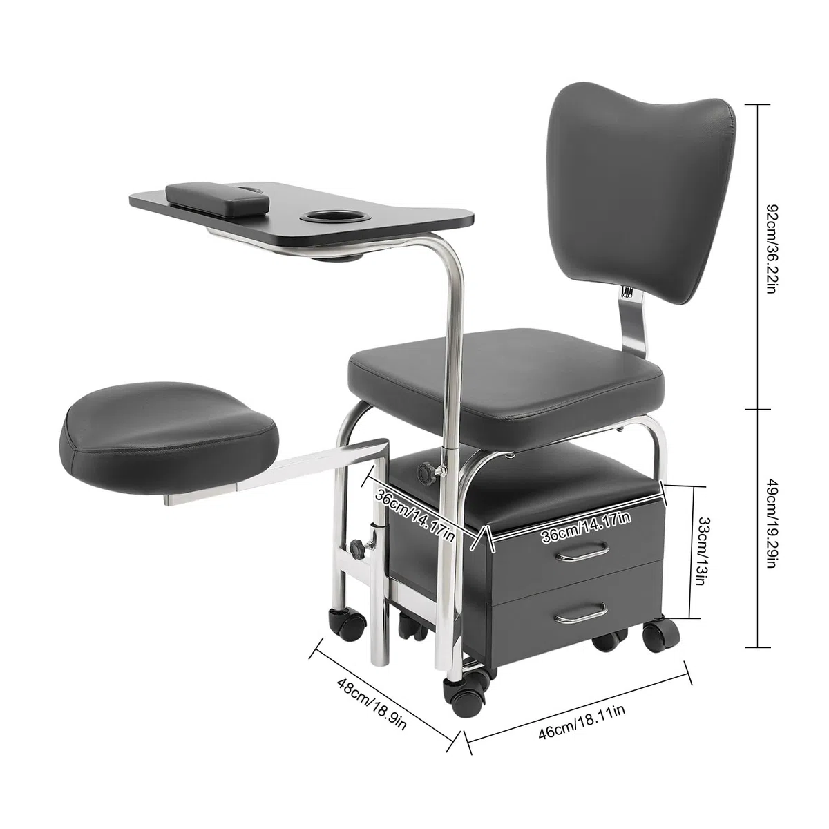 Taburete giratorio de manicura, reposapiés ajustable y soporte para manos, silla de pedicura móvil con ruedas, cómodo respaldo de esponja, taburete de masaje para spa de belleza