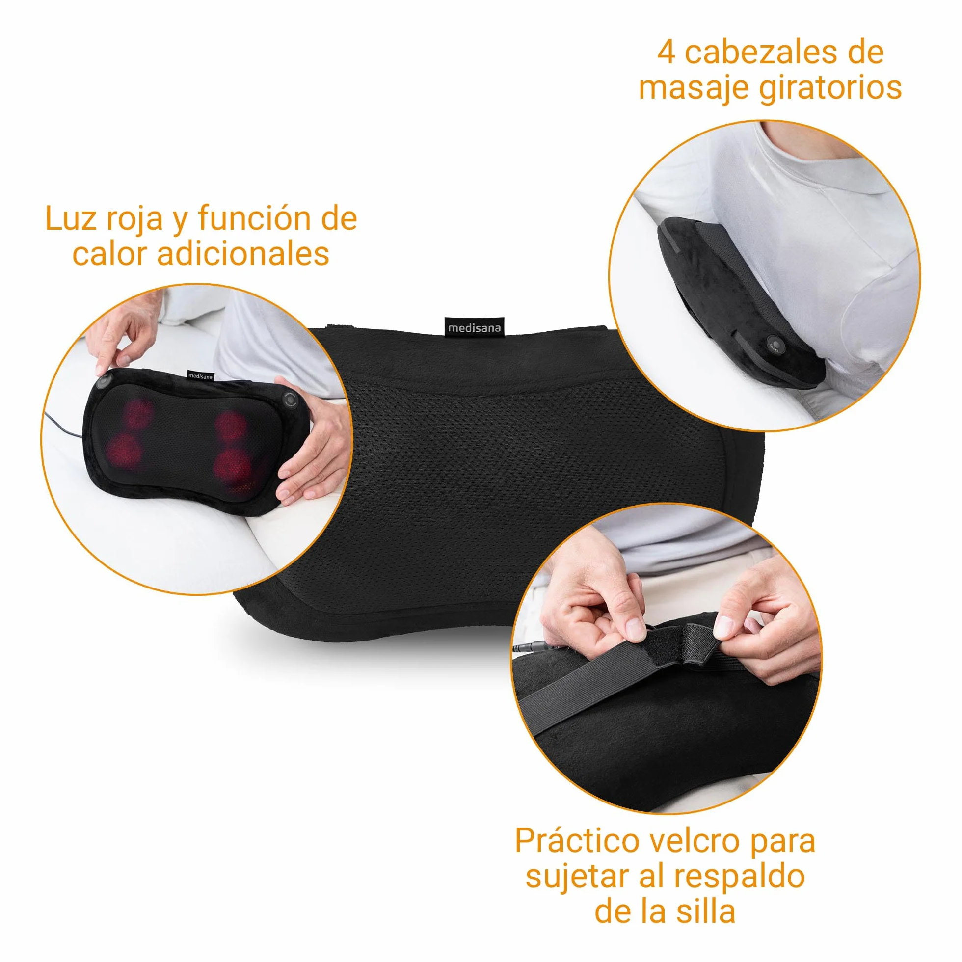 medisana MC 200 Cojín de masaje Shiatsu con calor, 4 cabezales giratorios, luz roja