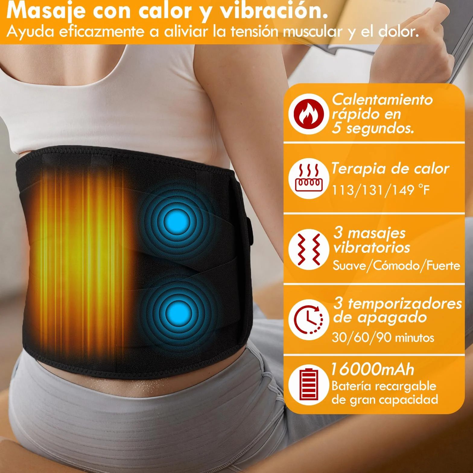 Almohadilla Eléctrica Lumbar, 16000mAh Manta Eléctrica Para Cintura Inalámbrica con 3 Modos De Calefacción Rápida y Masaje, Apagado Automático, para Espalda, Cuello, Hombros y Vientre (Negro)