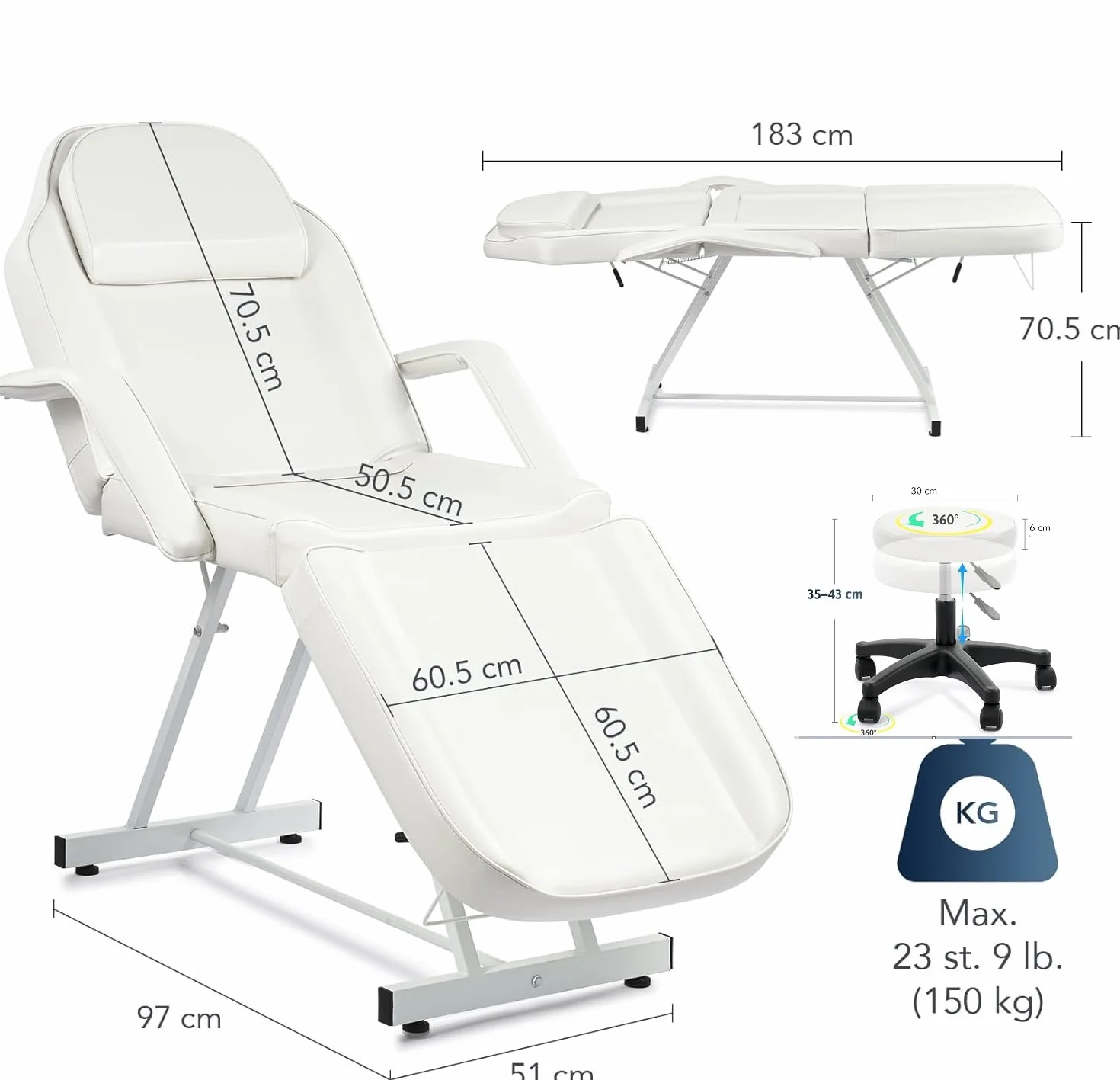 Camilla Masaje Plegable con Taburete 3 Zonas Profesional Ajustable Reposabrazos Reposacabezas para SPA Tatuaje Facial Pedicure (Blanco)