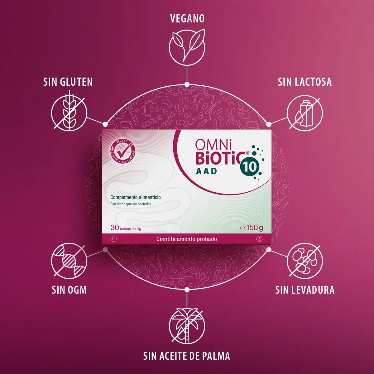 OMNi BiOTiC 10 AAD | 30 sobres (150 g) | Probiótico | 10 cepas bacterianas | 10 mil millones de bacterias por dosis diaria | Polvo | Con inulina | Vegano | Sin gluten | Sin lactosa | Para uso diario
