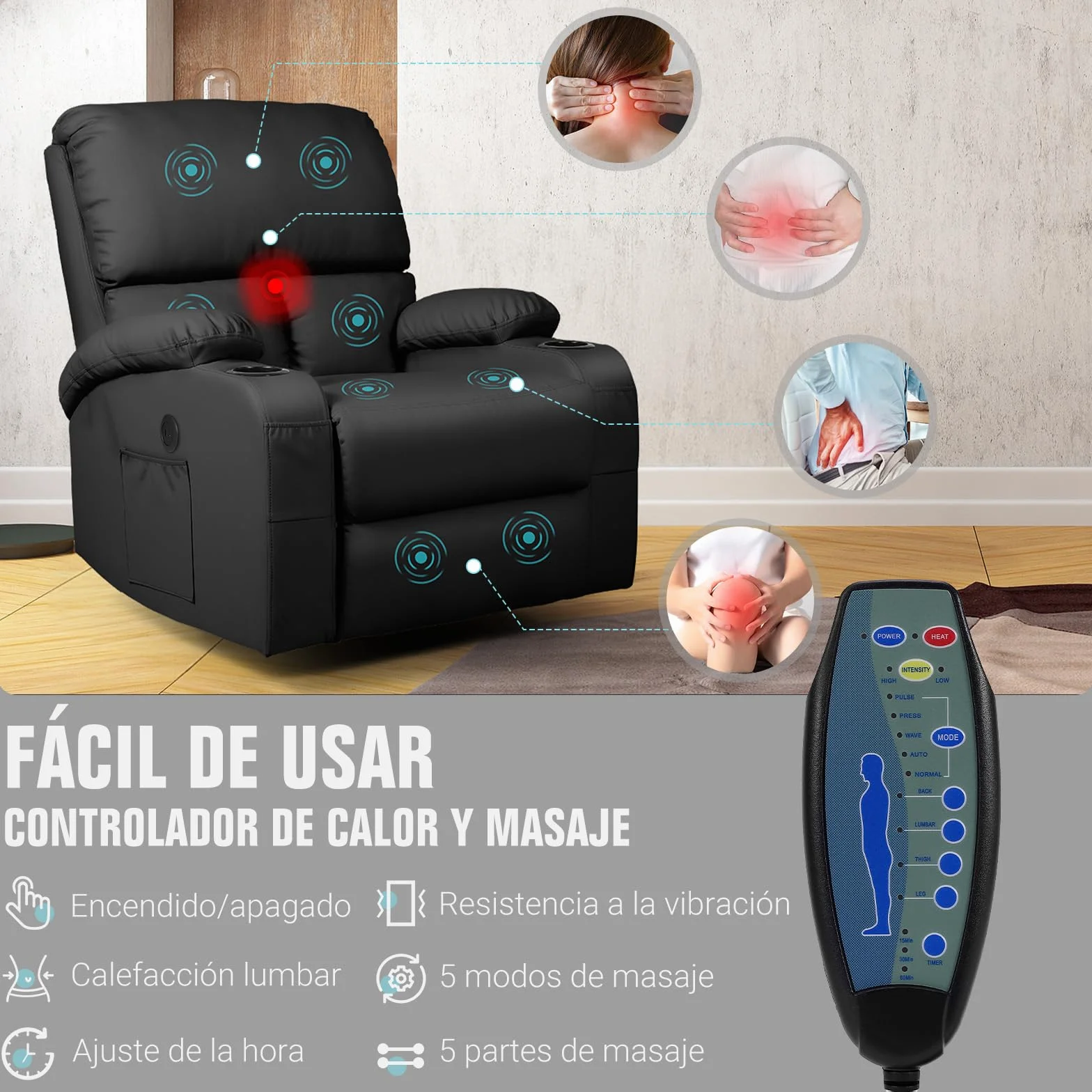Sillón de Masaje Reclinable Rocking con Vibración y Calor, USB y Tipo C, Piel Sintética, Giratorio 360°, Negro