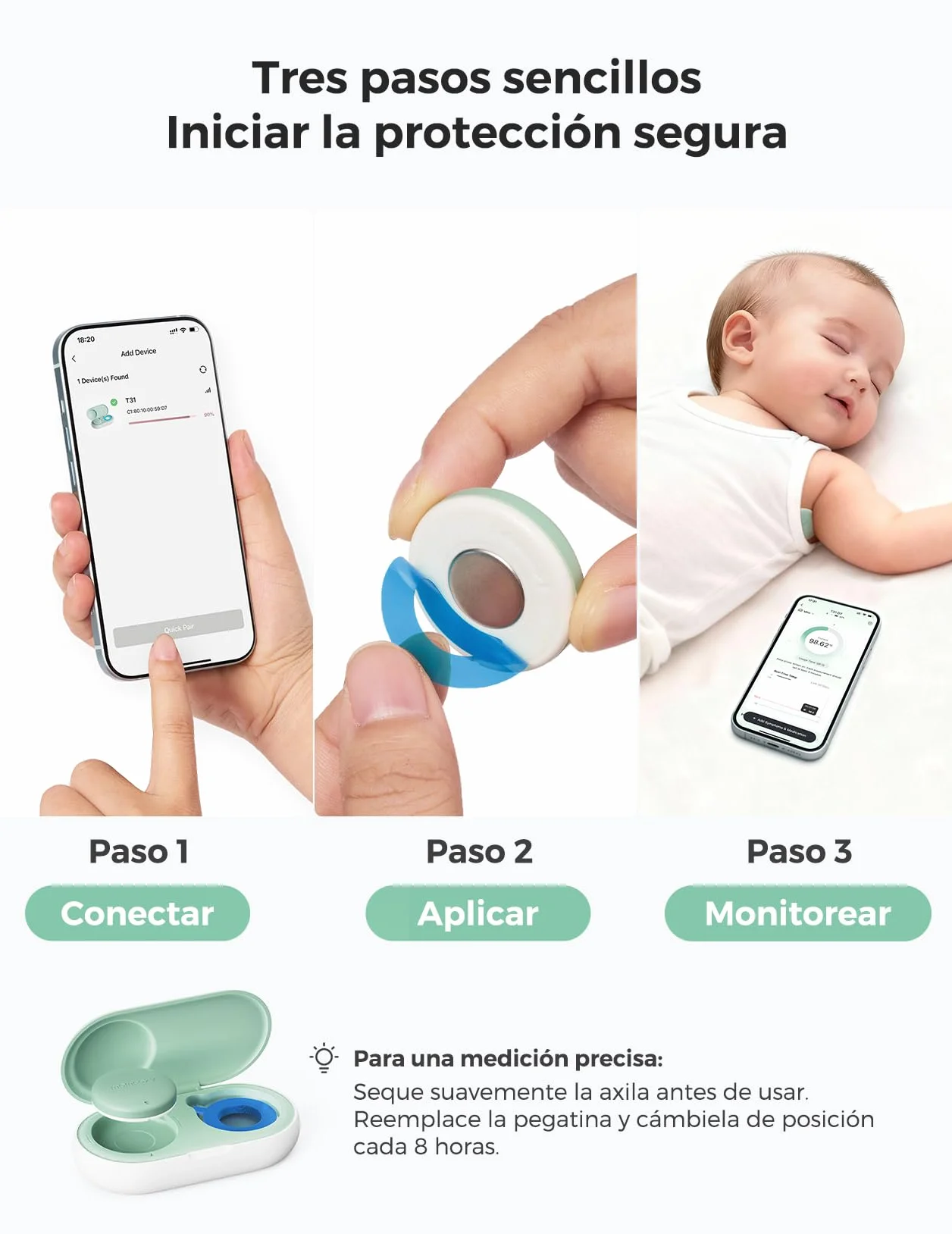Momcozy Termometro Digital Bebe con Precisión de Grado Médico, Termometro Inteligente Bebe con Lectura Instantánea, Monitoreo en Tiempo Real vía App para Bebés y Niños, Parche Hipoalergénico 3M