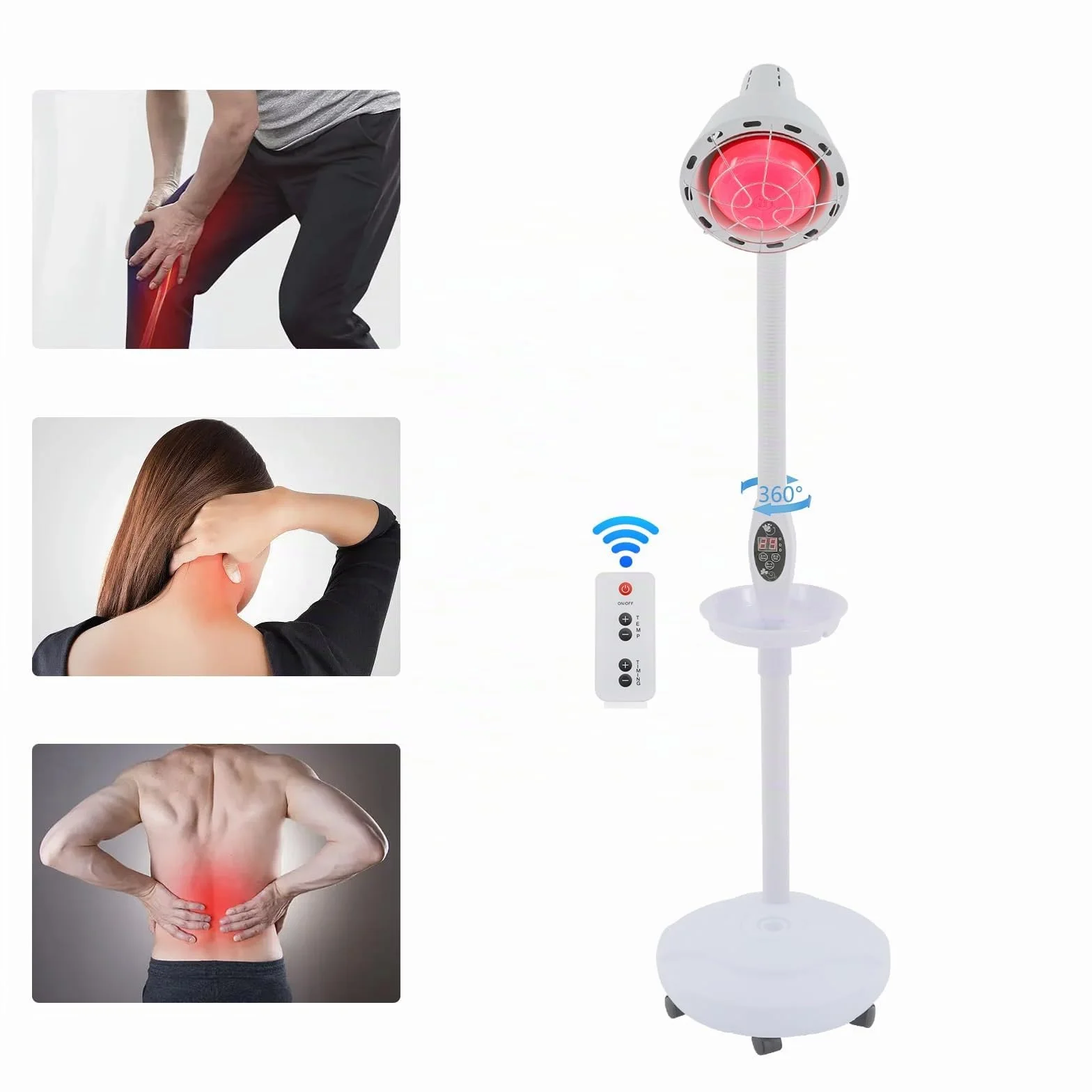 Lámpara de infrarrojos, lámpara de luz roja, lámpara terapéutica 275W | Rotación de 360° y ajuste de altura de 49-63 pulgadas | Emisor de calor 0-115°C + temporizador de 5-60 minutos para aliviar