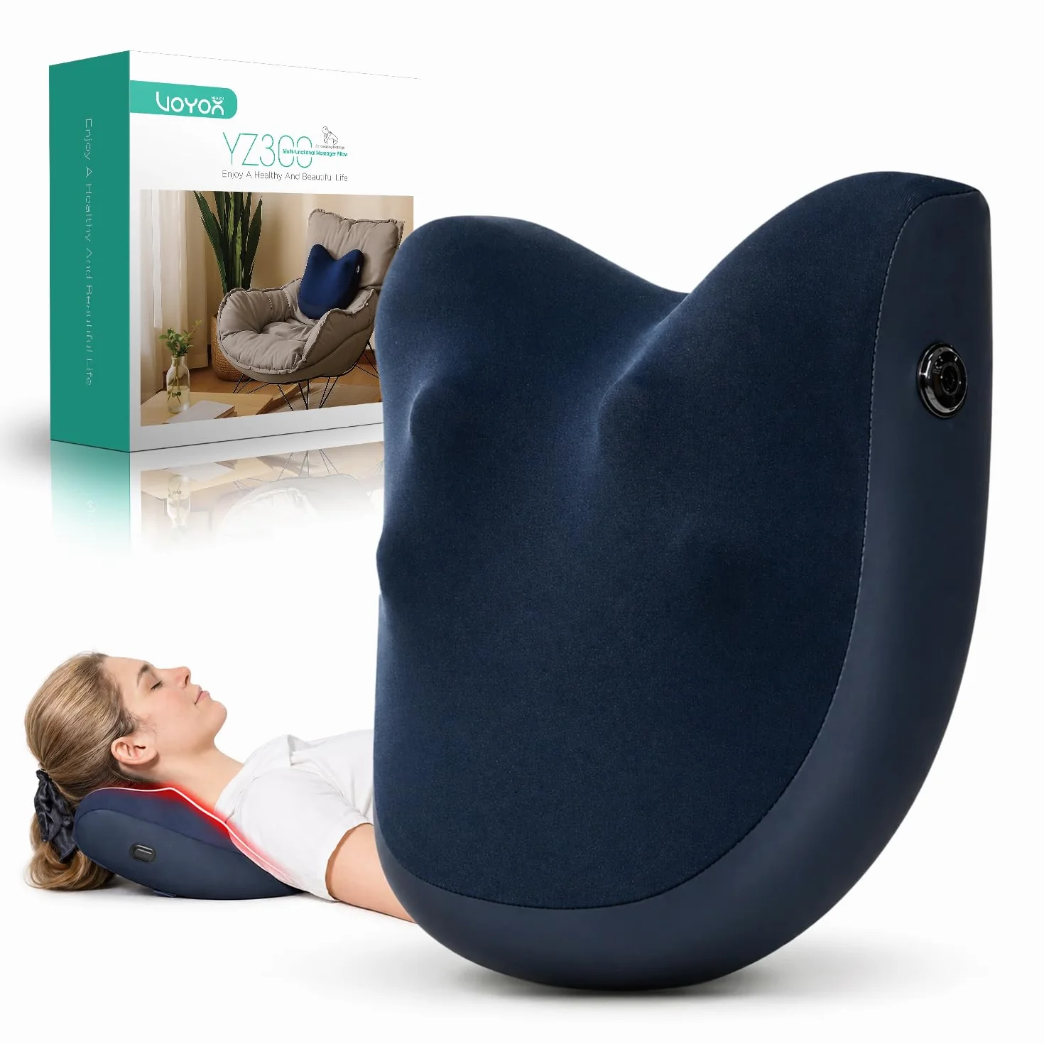 Cojín Masajeador Shiatsu Inalámbrico Recargable Cervical y Espalda Alivio Dolor Masaje Profundo Silencioso YZ300 Azul