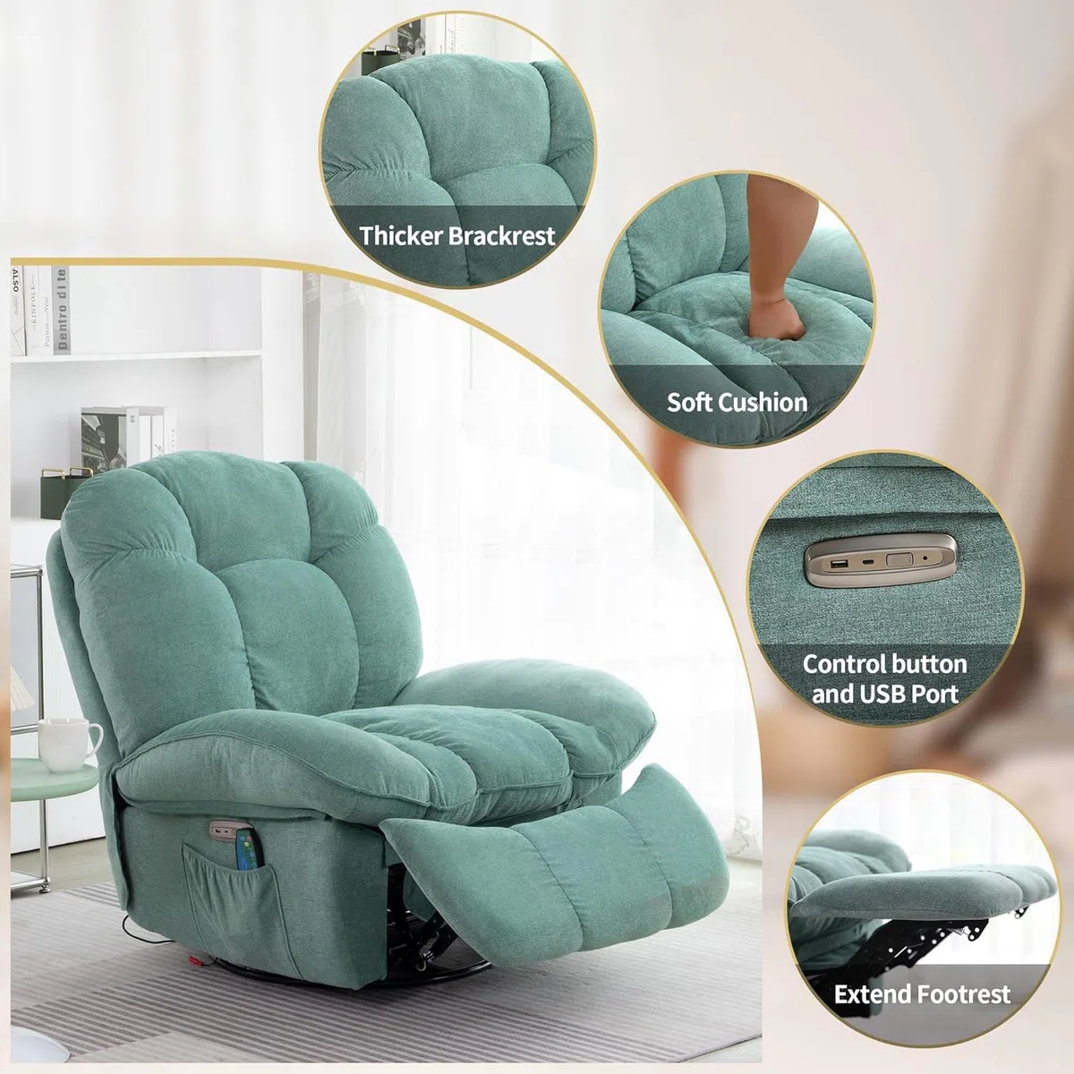 Sillón Relax Reclinable Eléctrico con Calefacción, Puertos de Carga USB-A y USB-C para Dormitorio, Salón, Estudio (Verde)