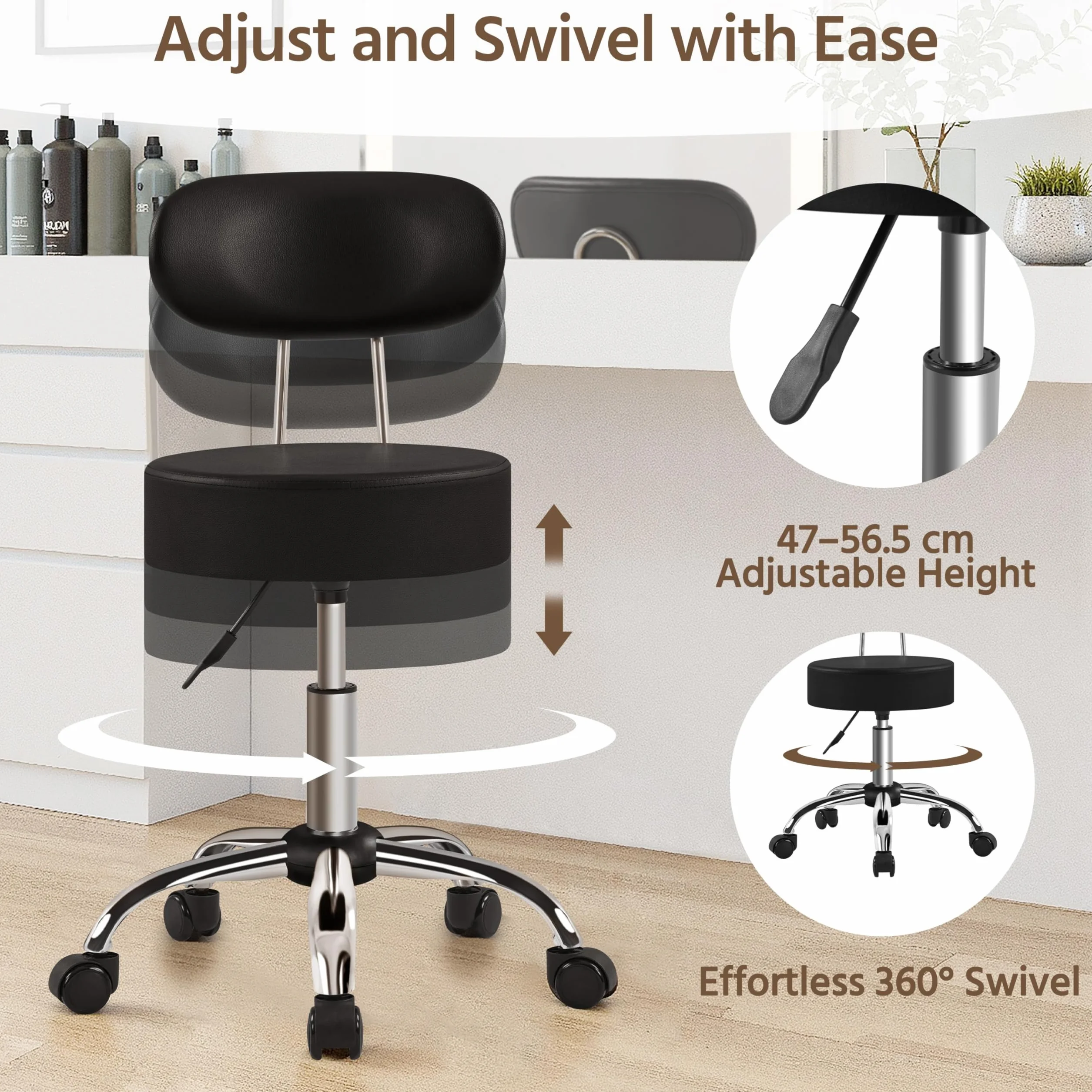 Yaheetech Taburete de Peluquería, Silla Giratorio 360º, Altura Regulable, con Respaldo, Negro