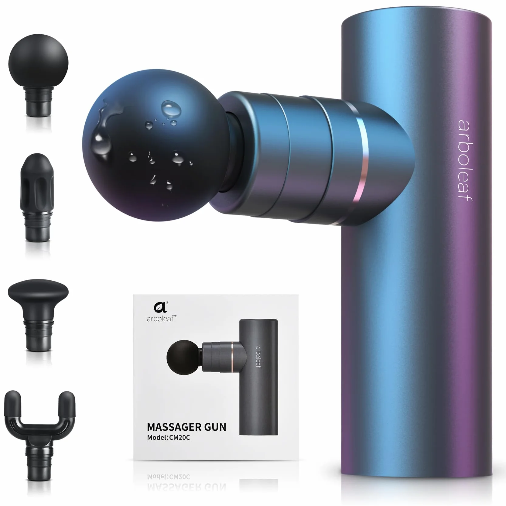 Arboleaf Pistola de Masaje Muscular Mini, Eléctrica 5 Velocidades 4 Cabezales Silicona, 0.47kg 3200rpm Bajo Ruido, 2000mAh Tipo-C Carga Gris