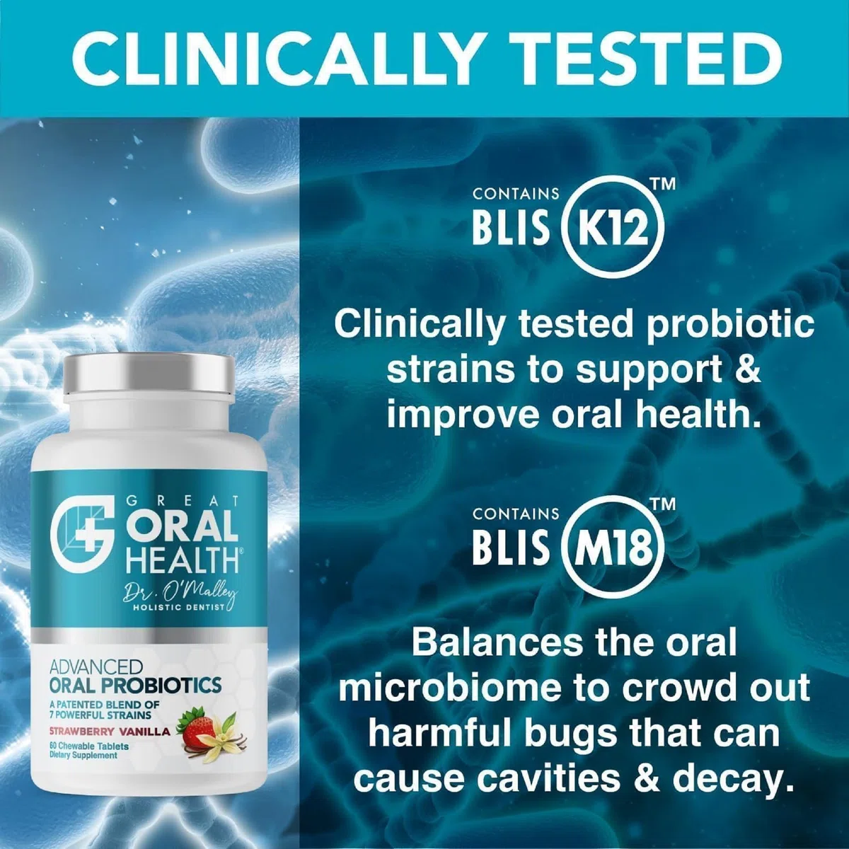Oral Probiotics for Mouth Bad Breath Treatment for Adults: Dentist Formulated Advanced Oral Probiotics for Teeth and Gums +BLIS K12 M18 – 60 Chewable Oral Health Probiotics Tablets -Strawberry Vanilla