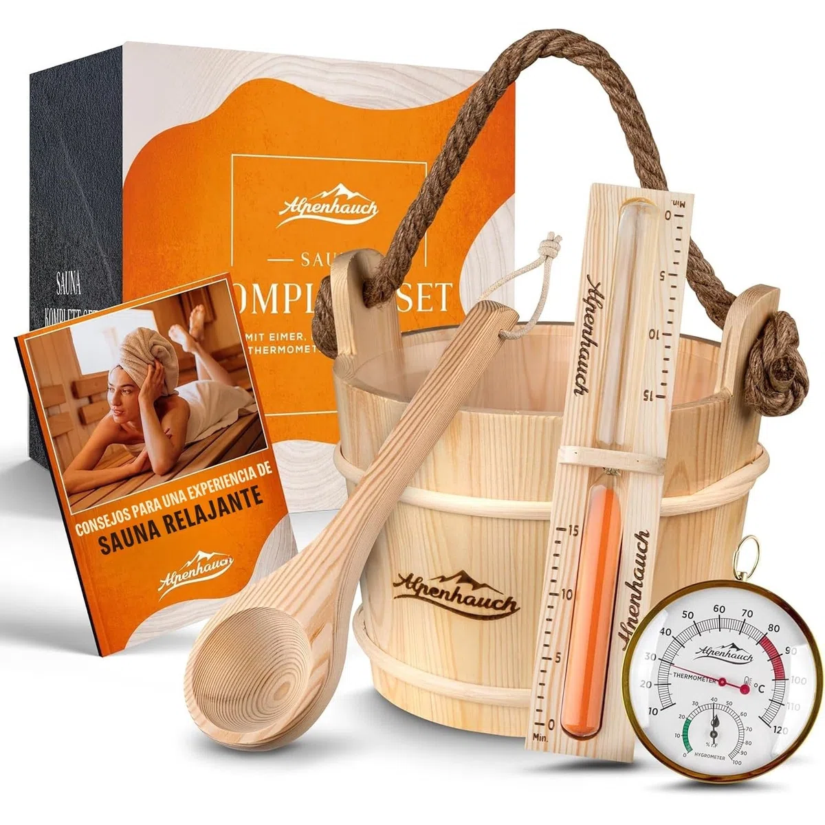 ALPENHAUCH Cubo de sauna con cuchara [100% madera natural] - Cubo de sauna elegante con reloj de arena y termómetro - Accesorios duraderos para sauna - Juego de cubo para sauna (cubo de sauna con