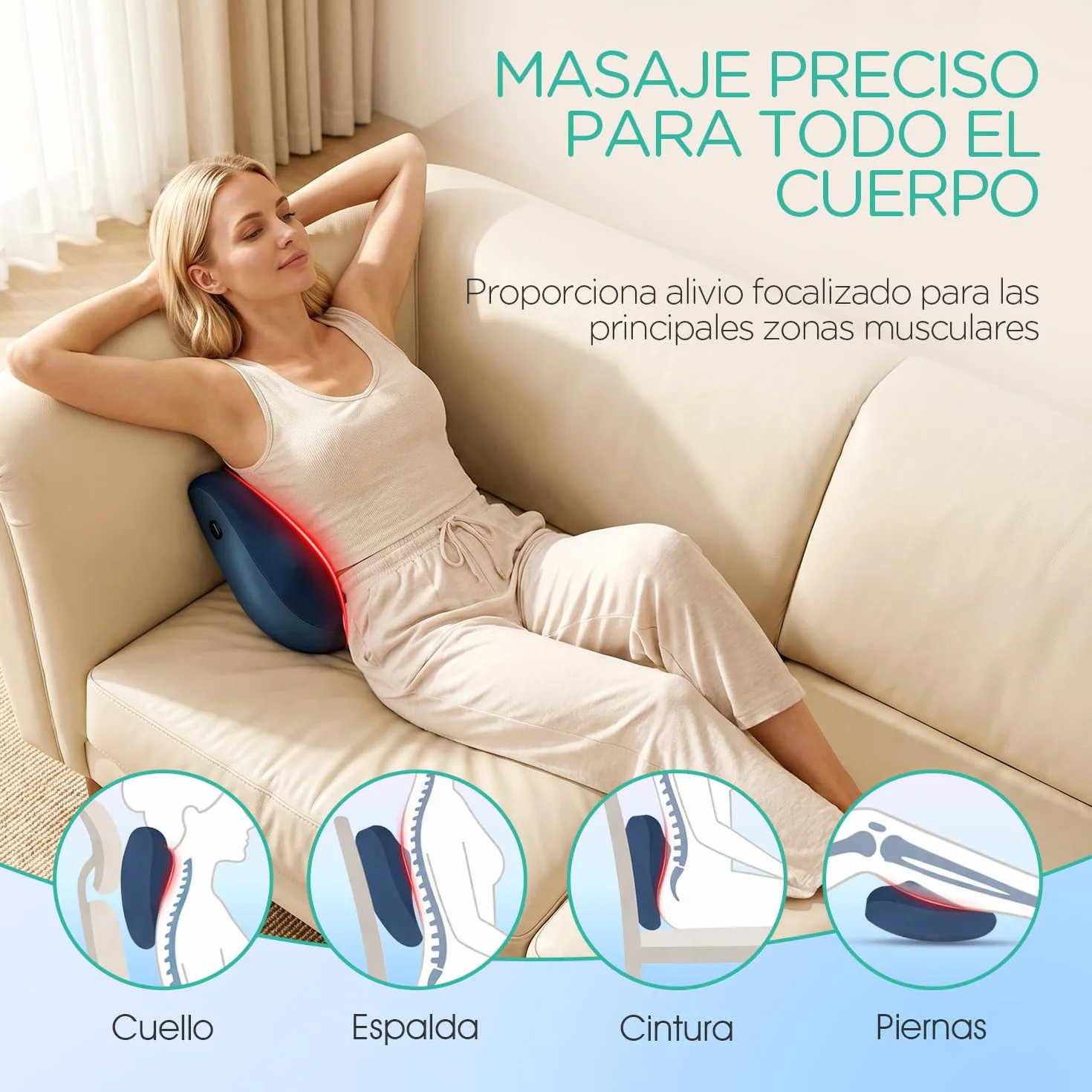 Cojín Masajeador Shiatsu Inalámbrico Recargable Cervical y Espalda Alivio Dolor Masaje Profundo Silencioso YZ300 Azul