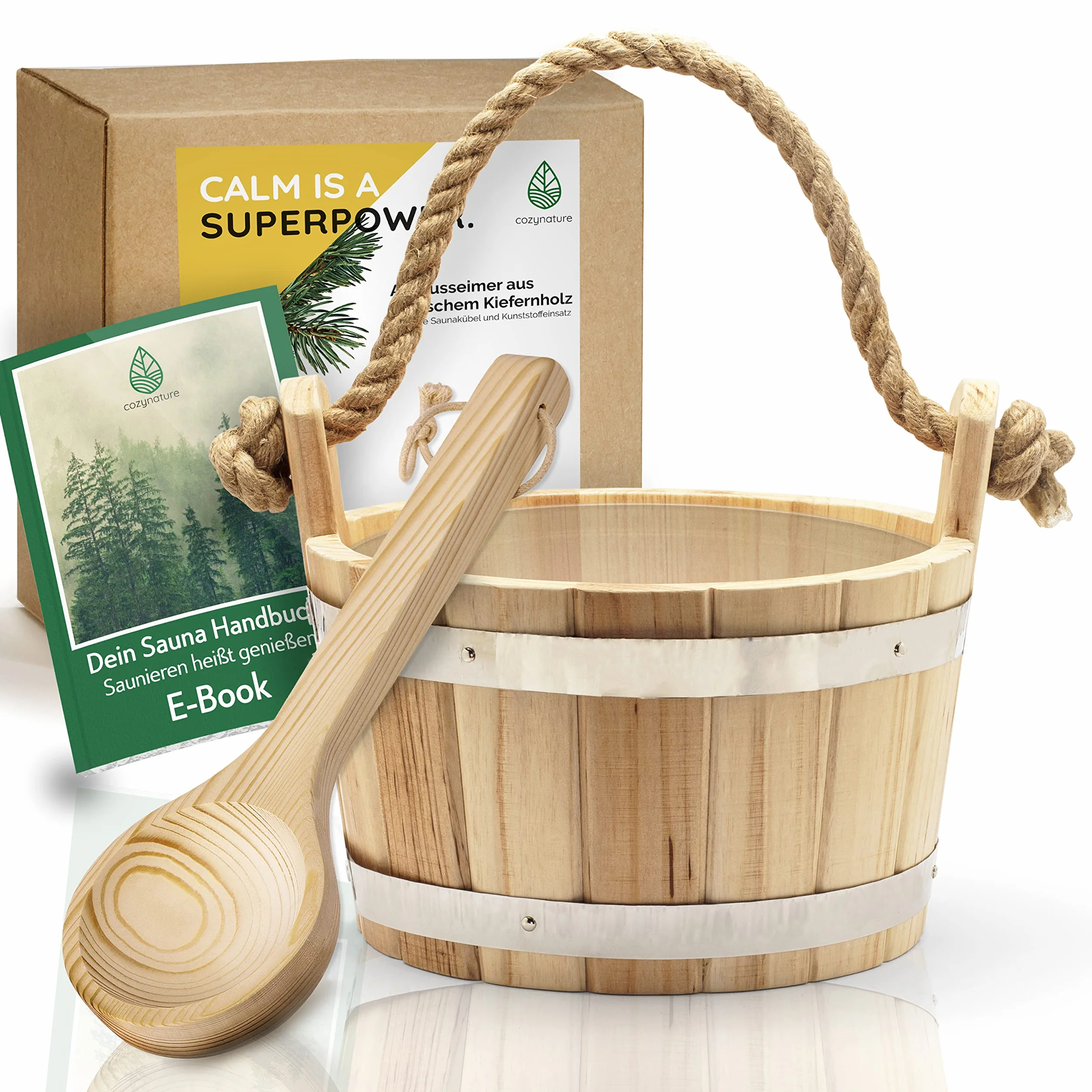 CozyNature cubo de sauna con cucharón de madera de pino finlandés | anillos metálicos nobles - inserto de plástico | incl. cucharón | 100% hecho a mano - diseño tradicional | 4 litros