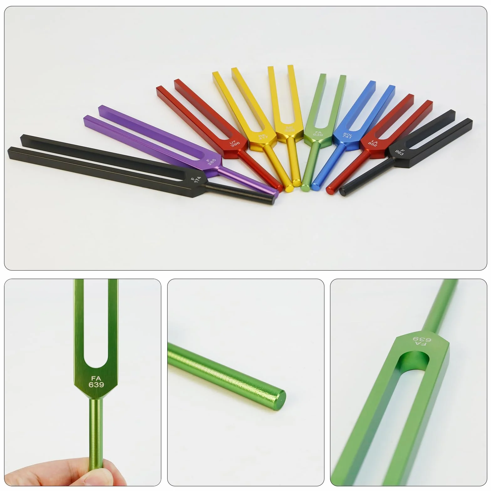 Diapasón Solfeggio, Set de 9 Diapasones de Colores en Aleación de Aluminio con 2 Martillos de Silicona, para Yoga y Relajación (174 Hz, 285 Hz, 396 Hz, 417 Hz, 528 Hz, 639 Hz, 741 Hz, 852 Hz, 963 Hz)