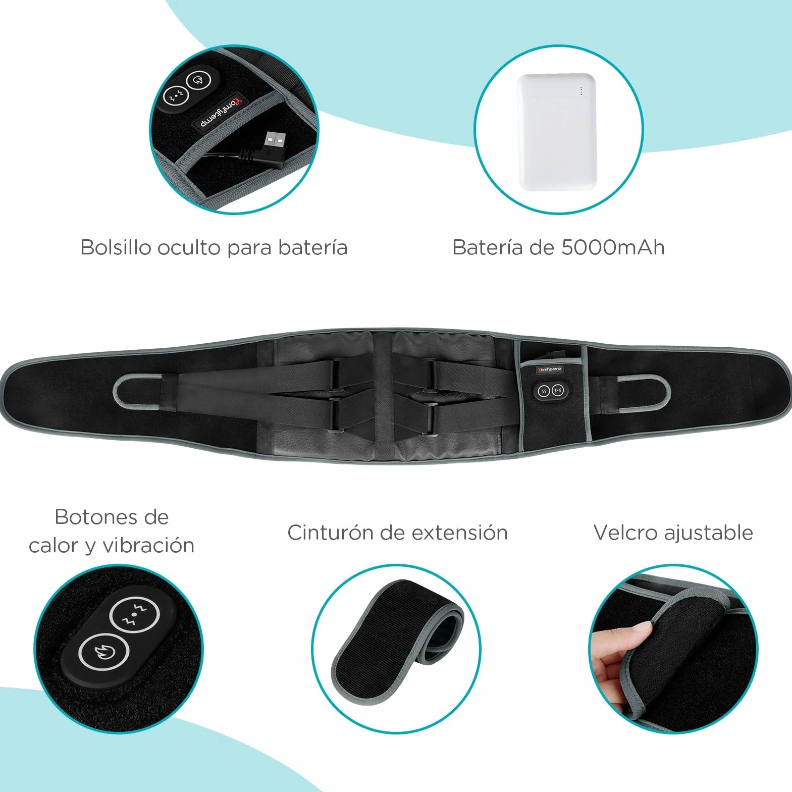 Comfytemp Almohadilla Eléctrica Lumbar Inalámbrica con 3 Modos de Calefacción y Masaje, Faja Térmica para Zona Lumbar y Abdominal