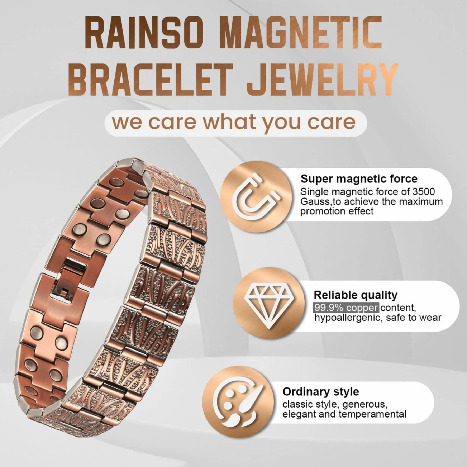 RainSo Pulsera magnética de doble fila de cobre puro ajustable con 3500 Gauss con caja de regalo y herramienta de extracción, Cobre