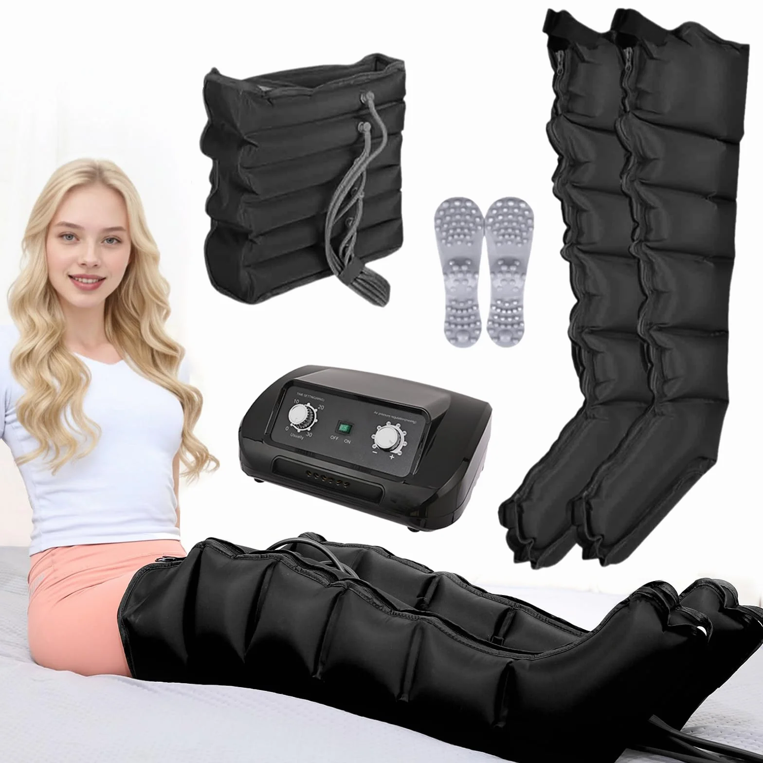 Presoterapia Piernas y Abdomen, Botas Presoterapia 6 Cámaras Masajeador Drenaje Linfático, 0-240 mmHg Ajustable, Negro