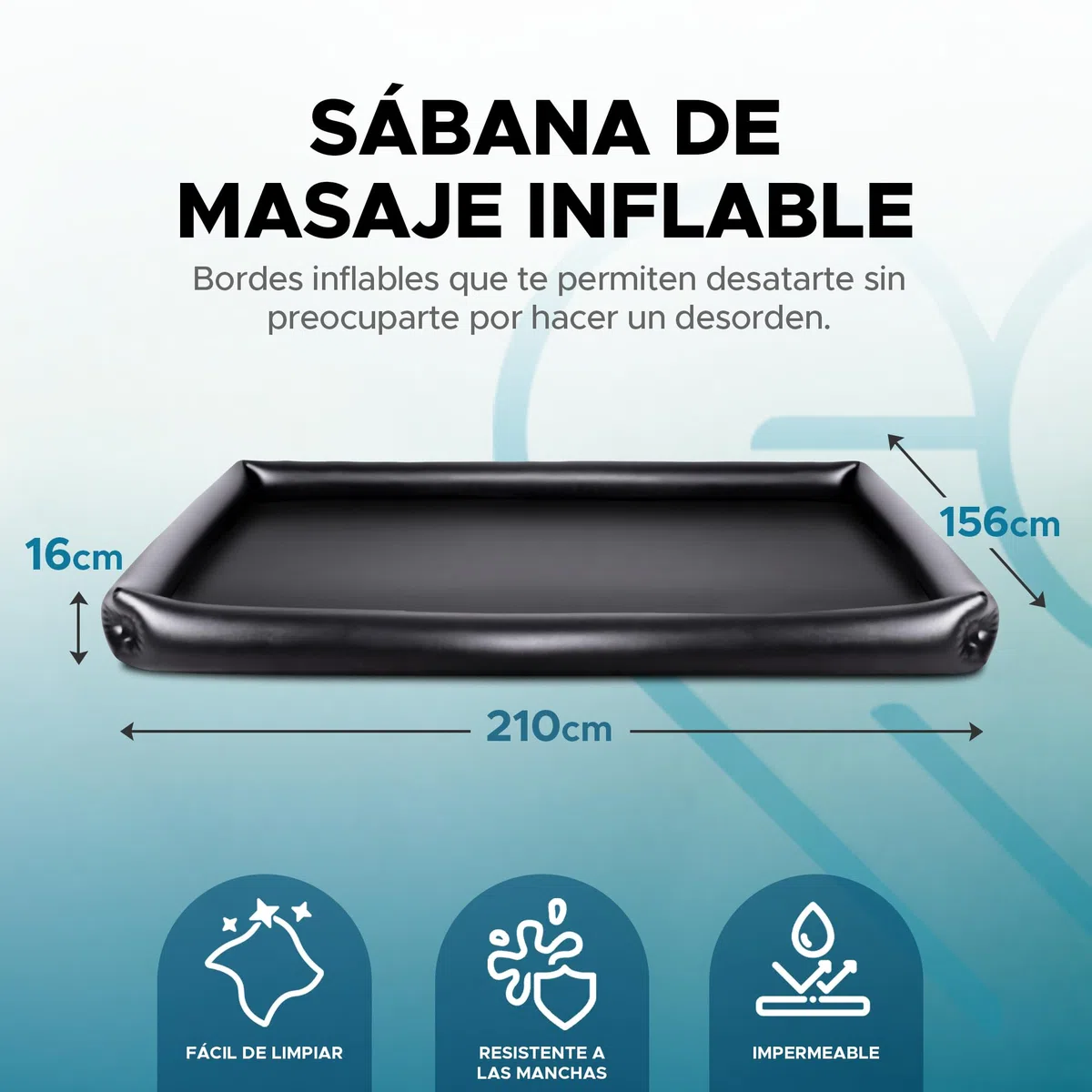 Sábana de Masaje Inflable, lámina Impermeable de PVC Duradera Negra con Lados inflables, 205cm x 156cm x 16cm, sábanas de Terapia de Masaje Nuru
