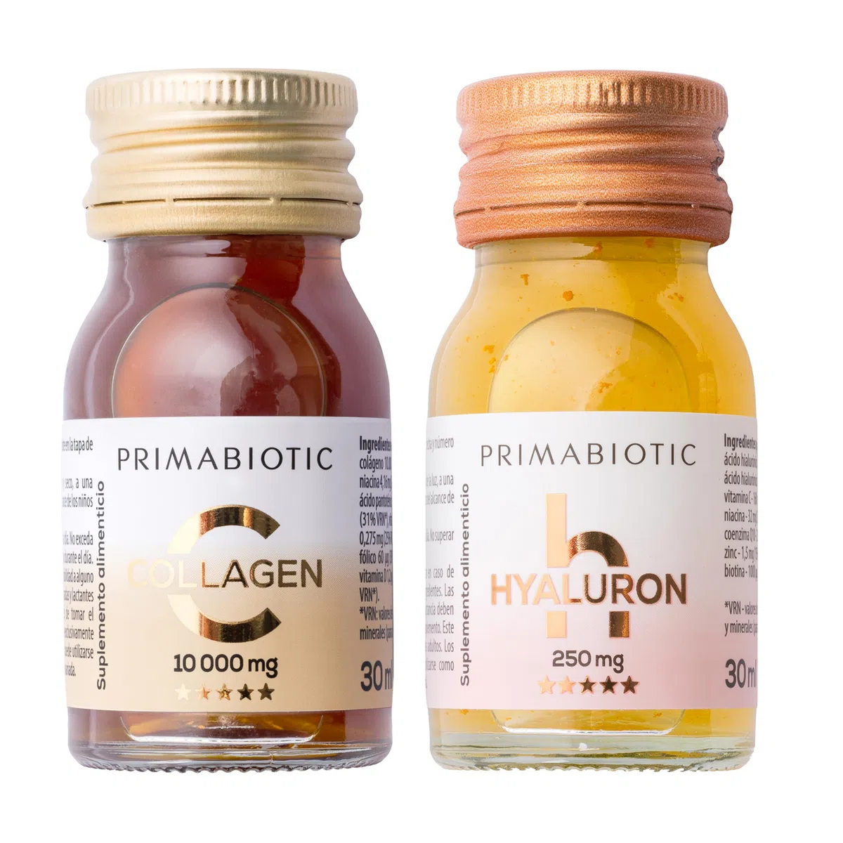 Colágeno + Ácido Hialurónico Bebible – Primabiotic Duo Pack | 60 botellitas de 30 ml | Colágeno 10000 mg + Ácido Hialurónico 250 mg | Complementos Líquidos para una Piel Hidratada y Radiante