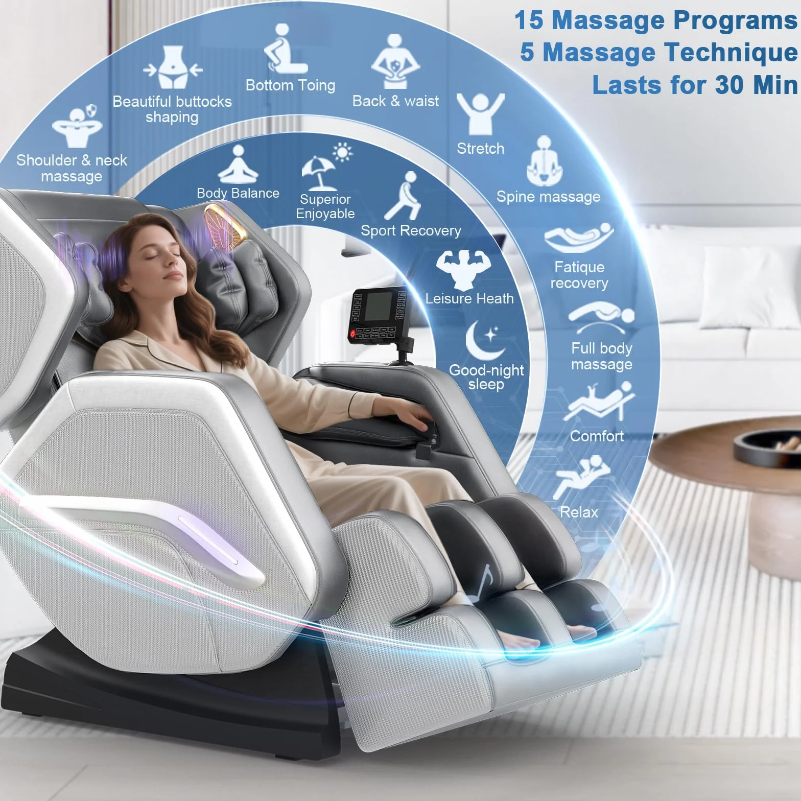 Sillón de Masaje Reclinable Cuerpo Completo 14 Rodillos 8 Bolsas de Aire Calefacción Masaje de Pies Bluetooth Control Remoto