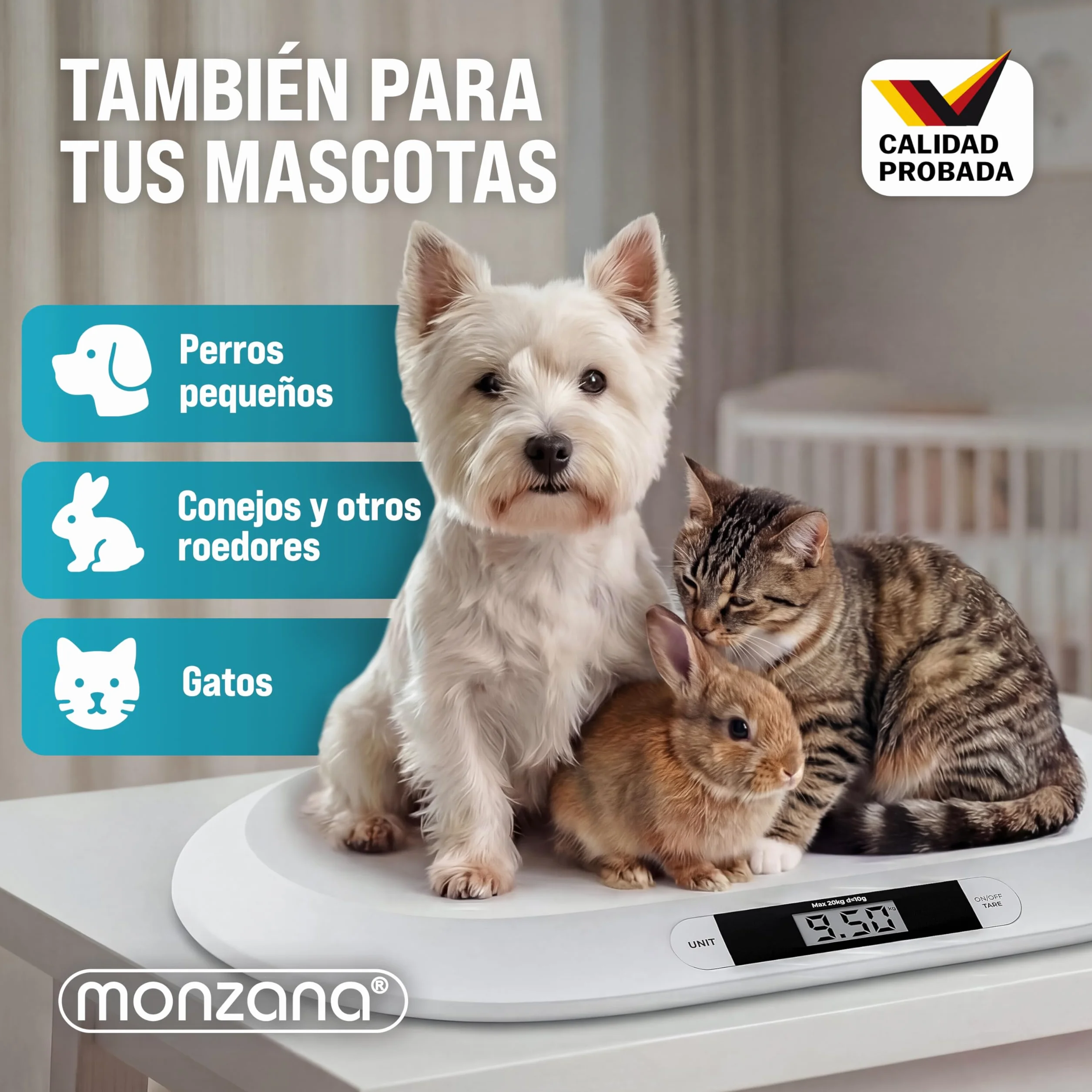 MONZANA Báscula Bebé Digital 20Kg Pantalla LED Apagado Automático Tara Retención Recién Nacidos Mascotas