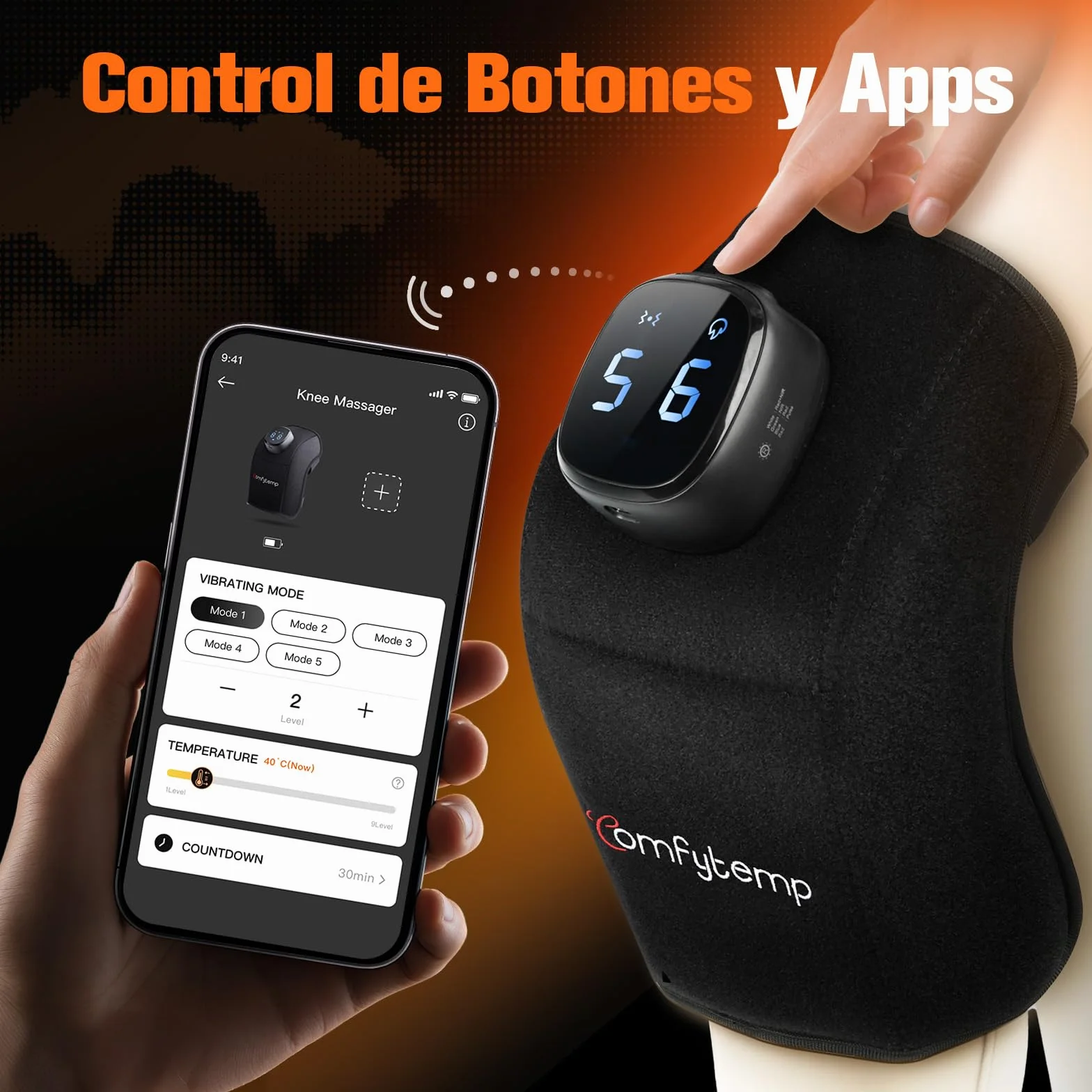 Comfytemp Almohadilla Térmica Inalámbrica para Rodilla, Masajeador 3D, Manta Eléctrica Portátil con 9 Calor 5 Vibración 3 Intensidad, Control APP
