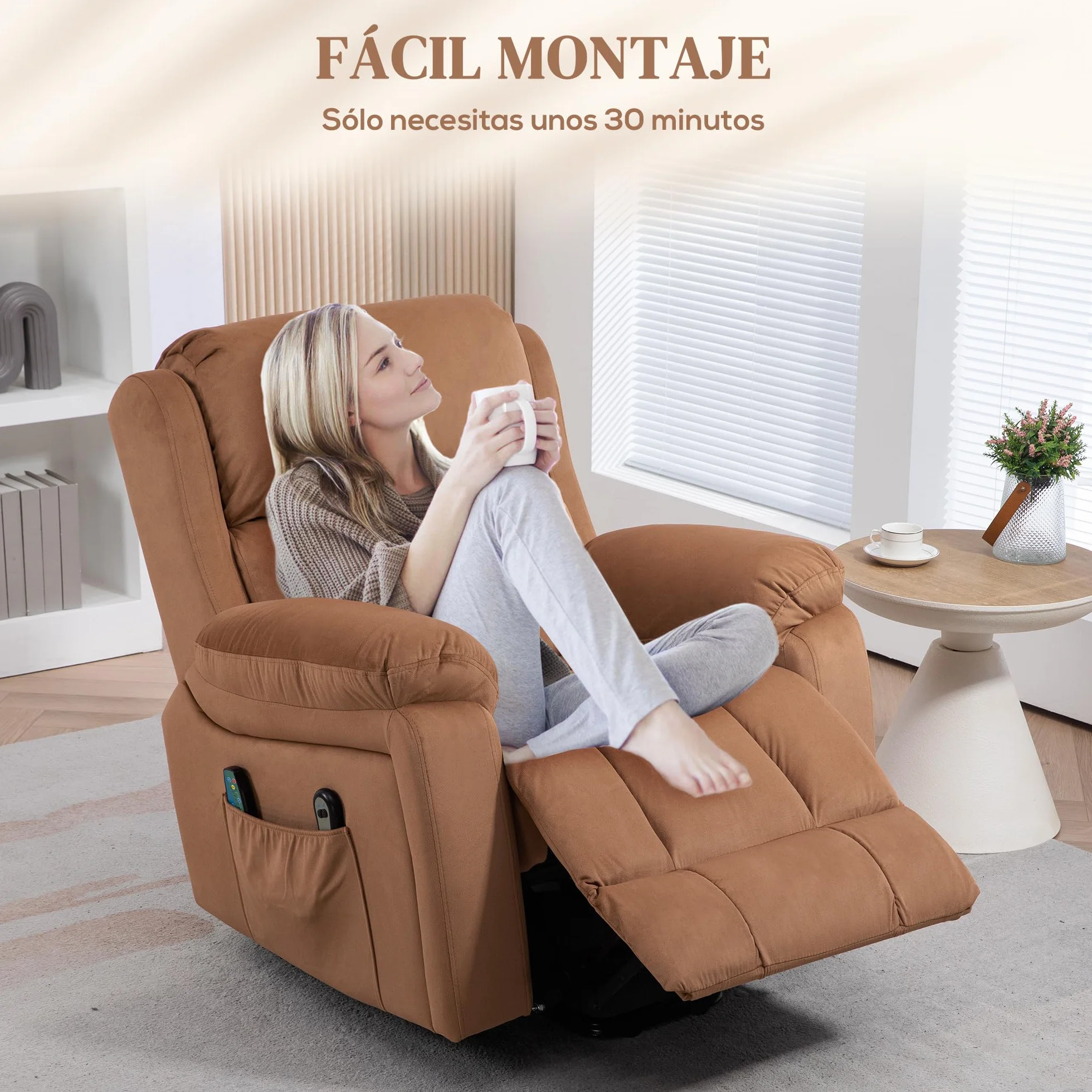 HOMCOM Sillón Relax Reclinable Eléctrico Levanta Personas con Masaje y Calor, Cuero Sintético, Marrón