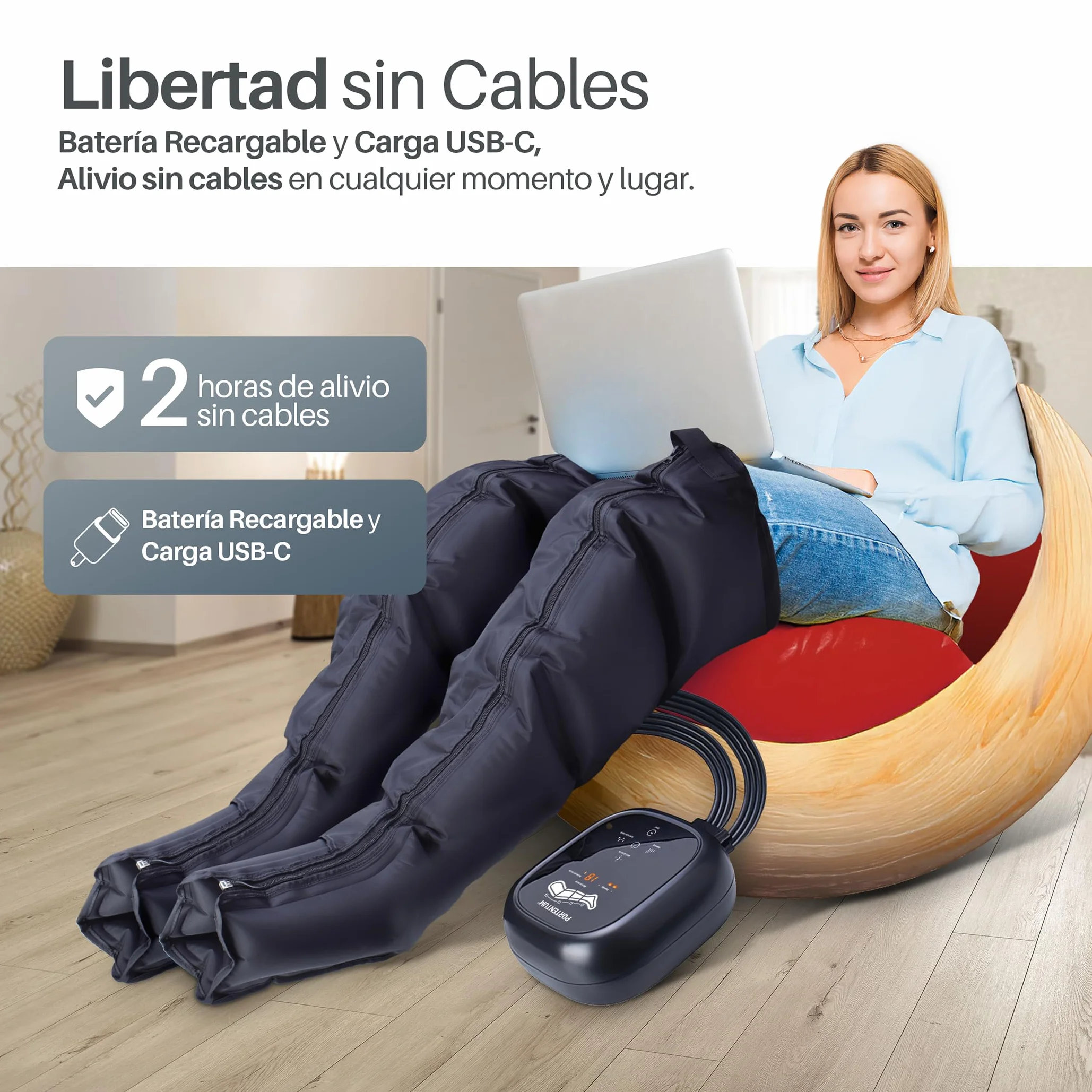 PORTENTUM Presoterapia Masajeador Piernas Abdomen 8 Modos 3 Intensidades Mando LCD USB-C Accesorios Brazo Cintura Bolsa Transporte